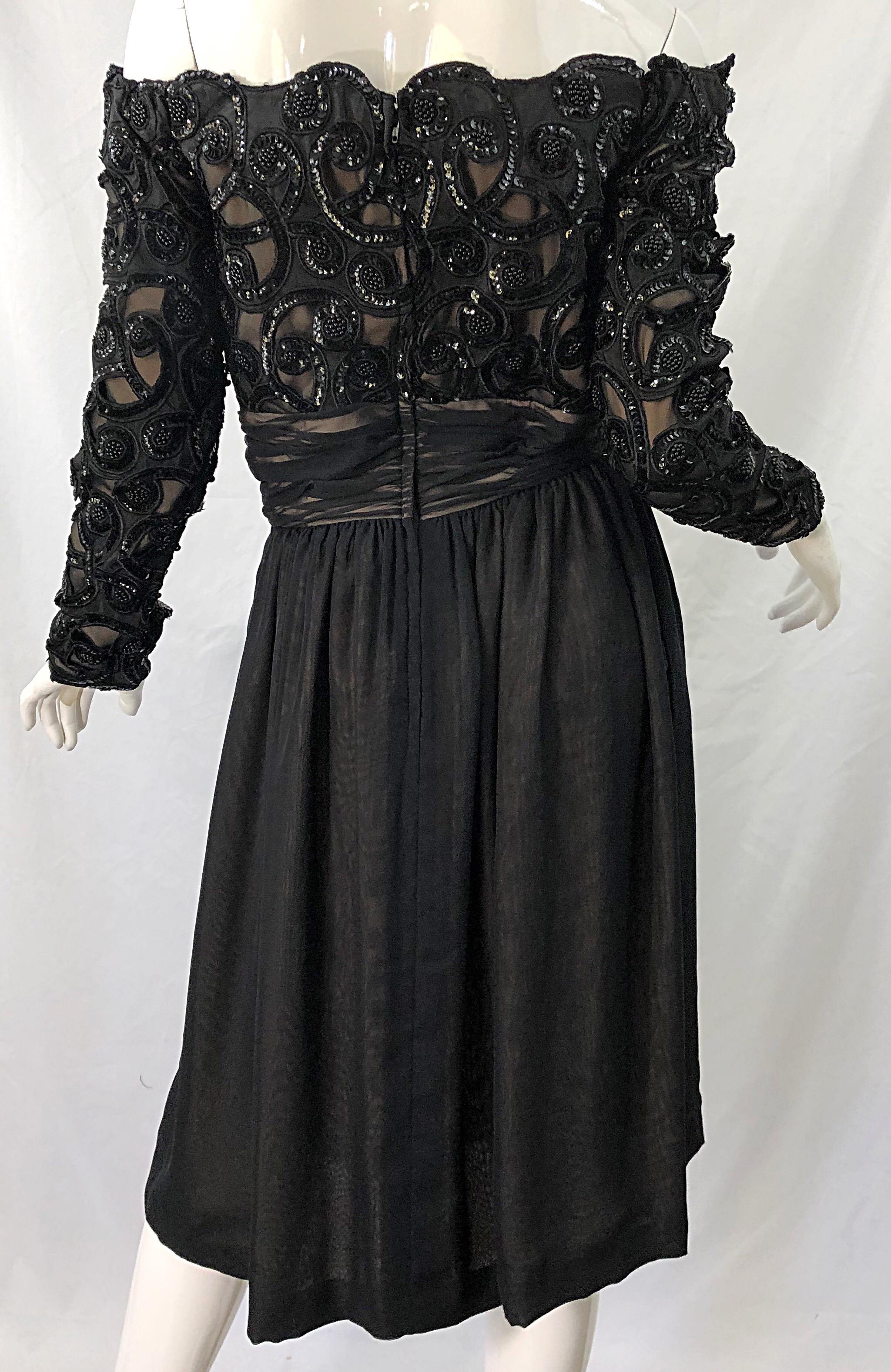 80s Kevan Hall Couture Black Sequin 1980s Off Shoulder Vintage Cocktail Dress For Sale 1