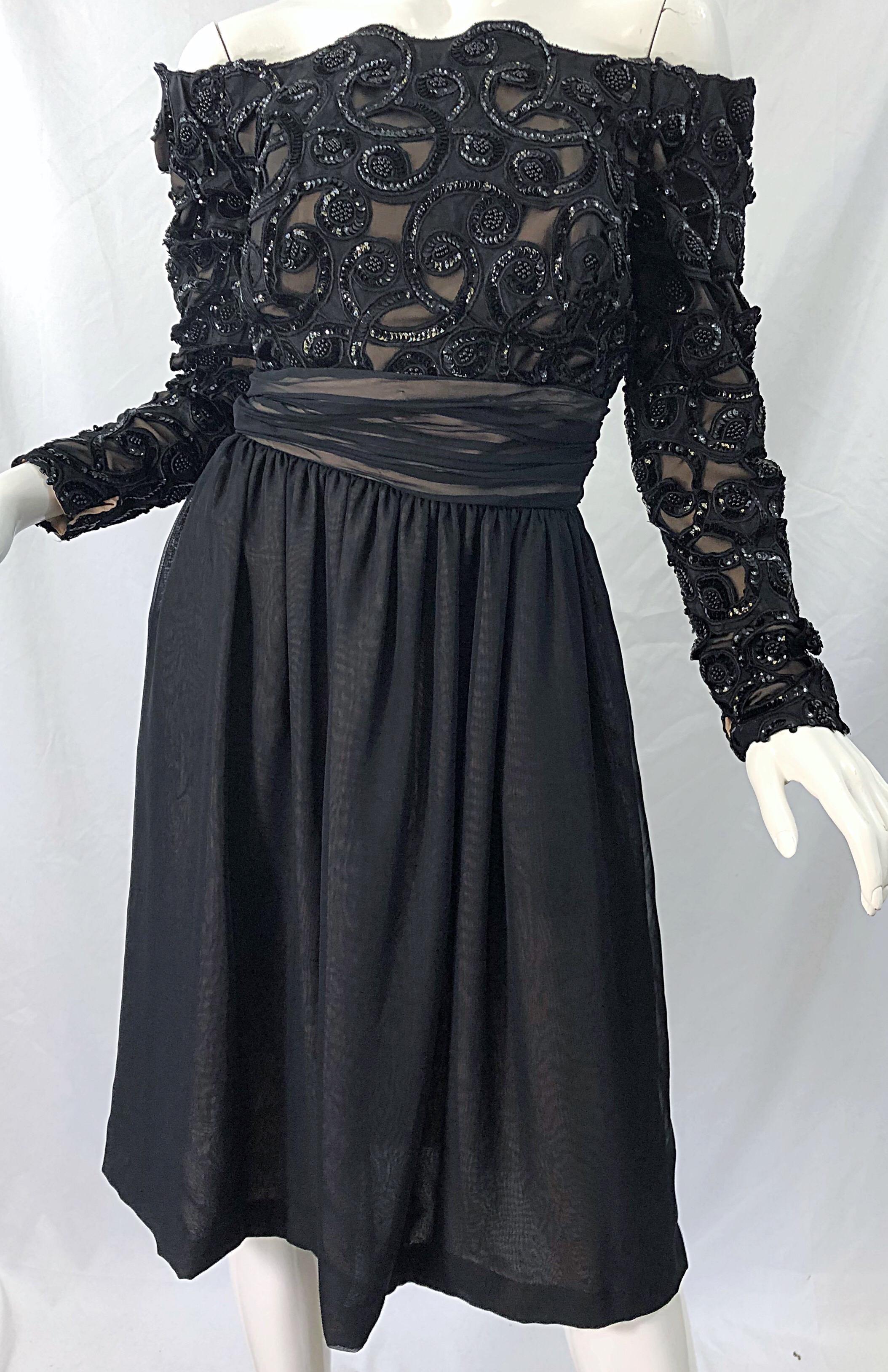 80s Kevan Hall Couture Black Sequin 1980s Off Shoulder Vintage Cocktail Dress For Sale 2