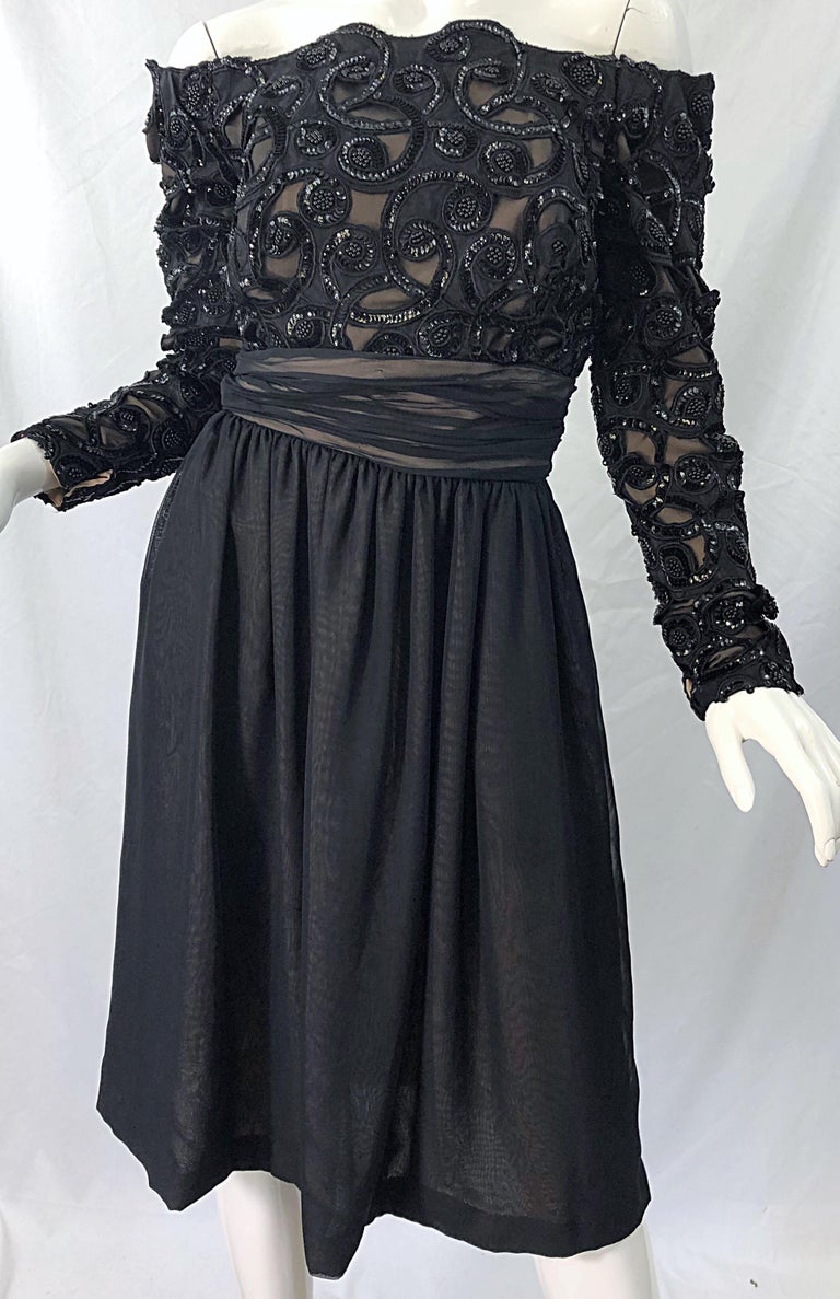 80s Kevan Hall Couture Size 10 Black Sequin Off Shoulder Vintage ...