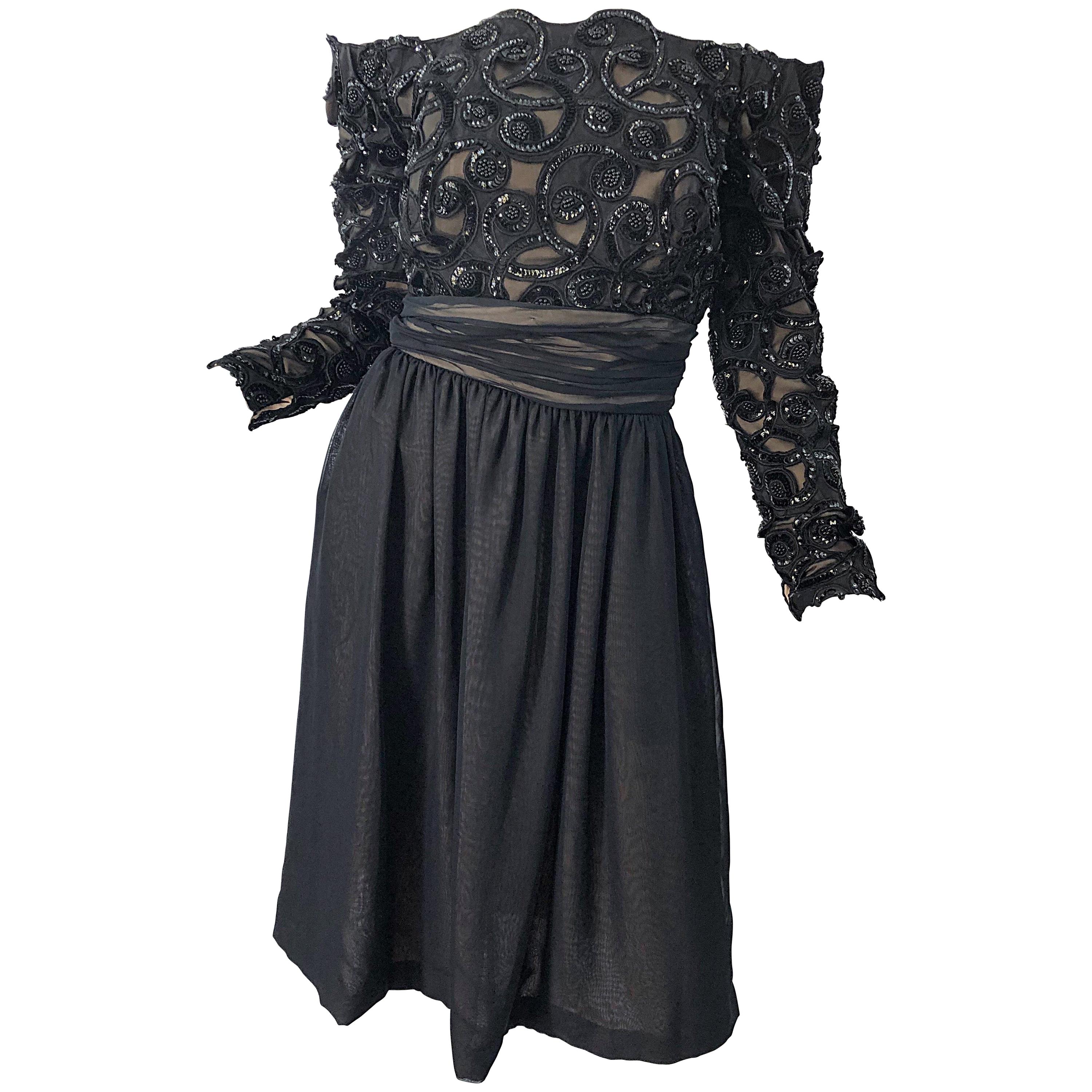 80er Kevan Hall Couture schulterfreies Vintage-Cocktailkleid mit Pailletten, Größe 10 im Angebot