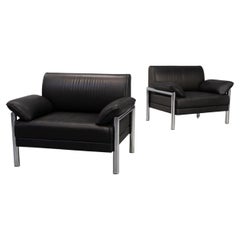 80s Leather and Chrome Framed Lounge Fauteuil Set/2