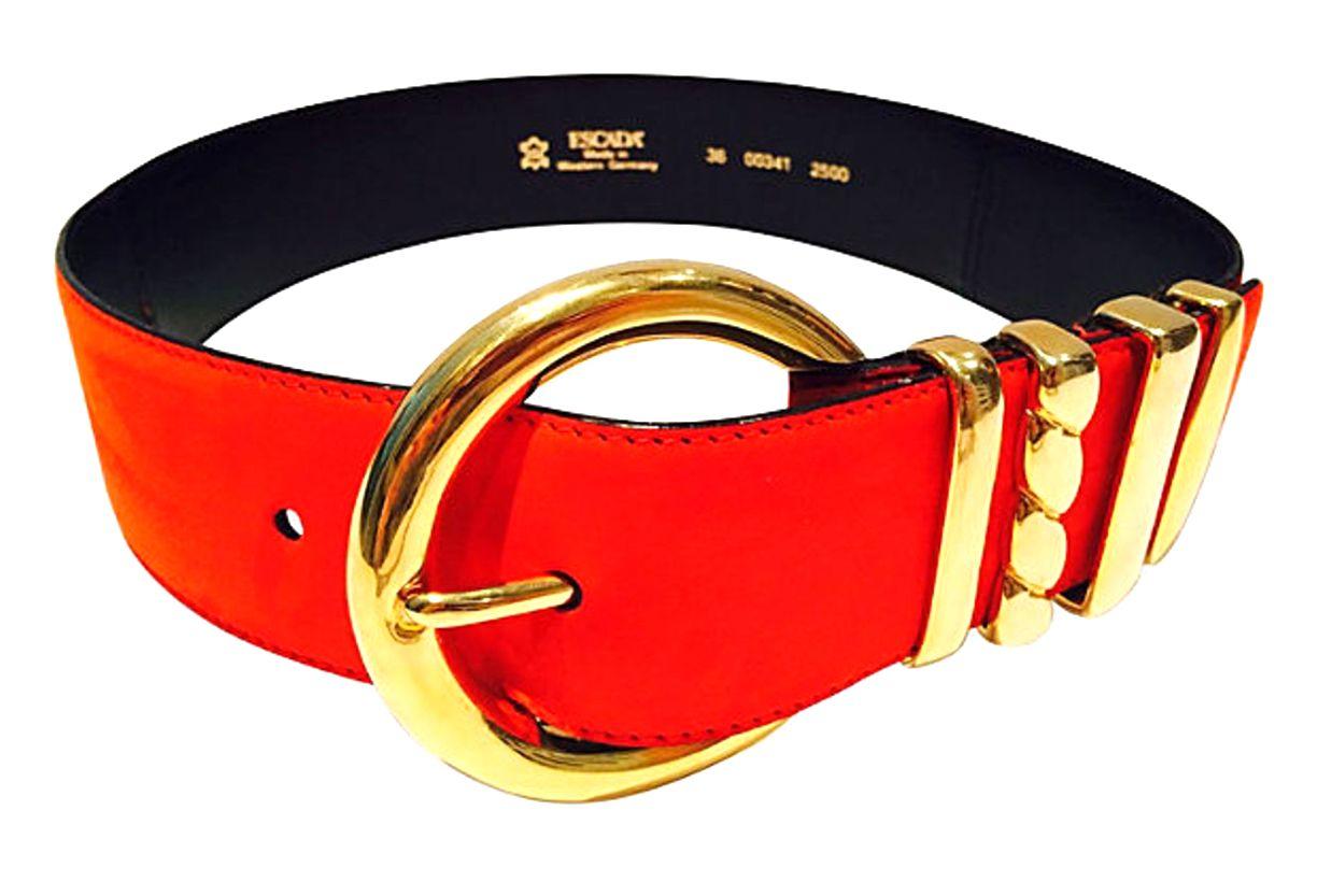 Red 80'S Leather Suede & Gilt Brass Color Block Two-Tone Belt By, Escada