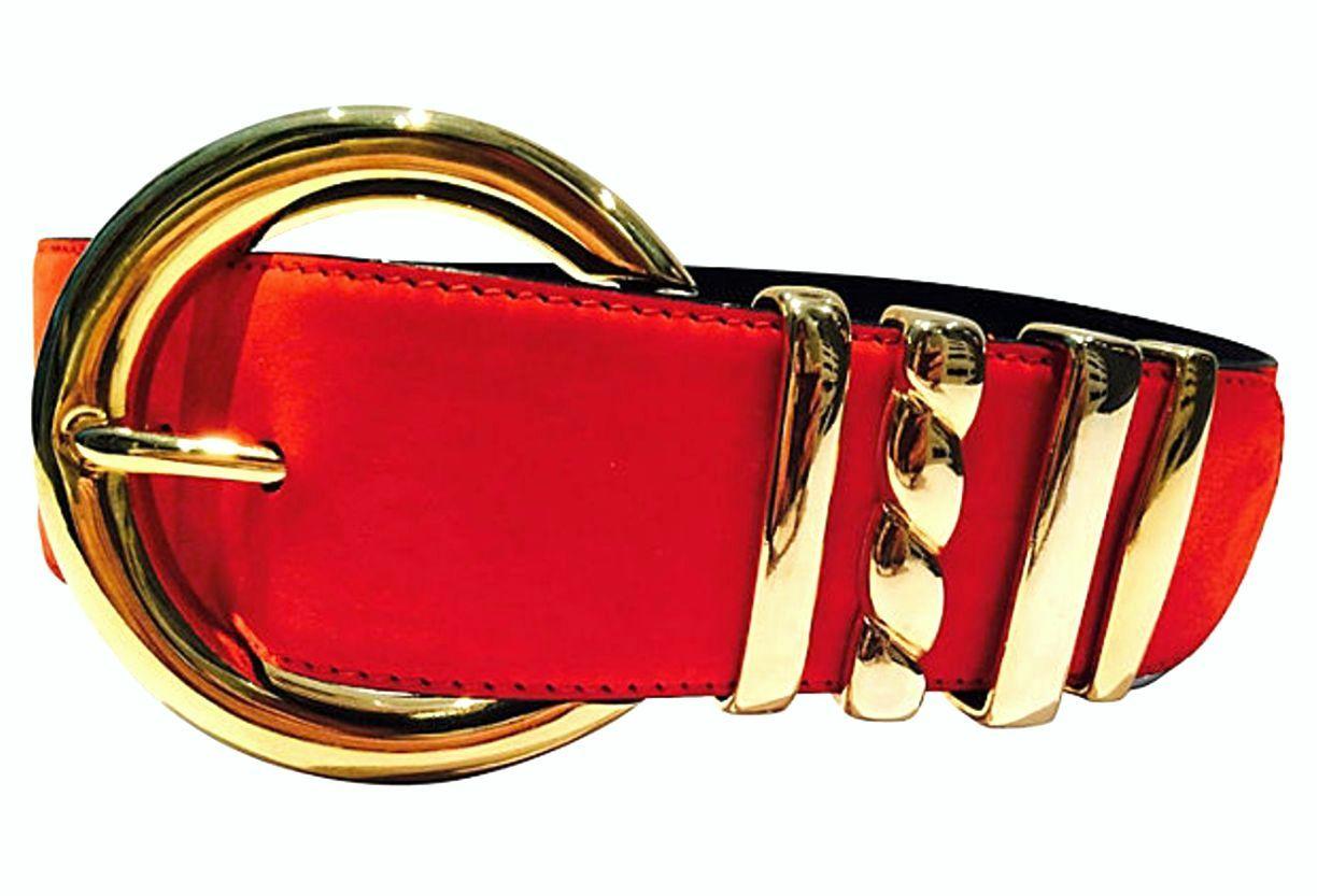 80'S Leather Suede & Gilt Brass Color Block Two-Tone Belt By, Escada In Good Condition In West Palm Beach, FL