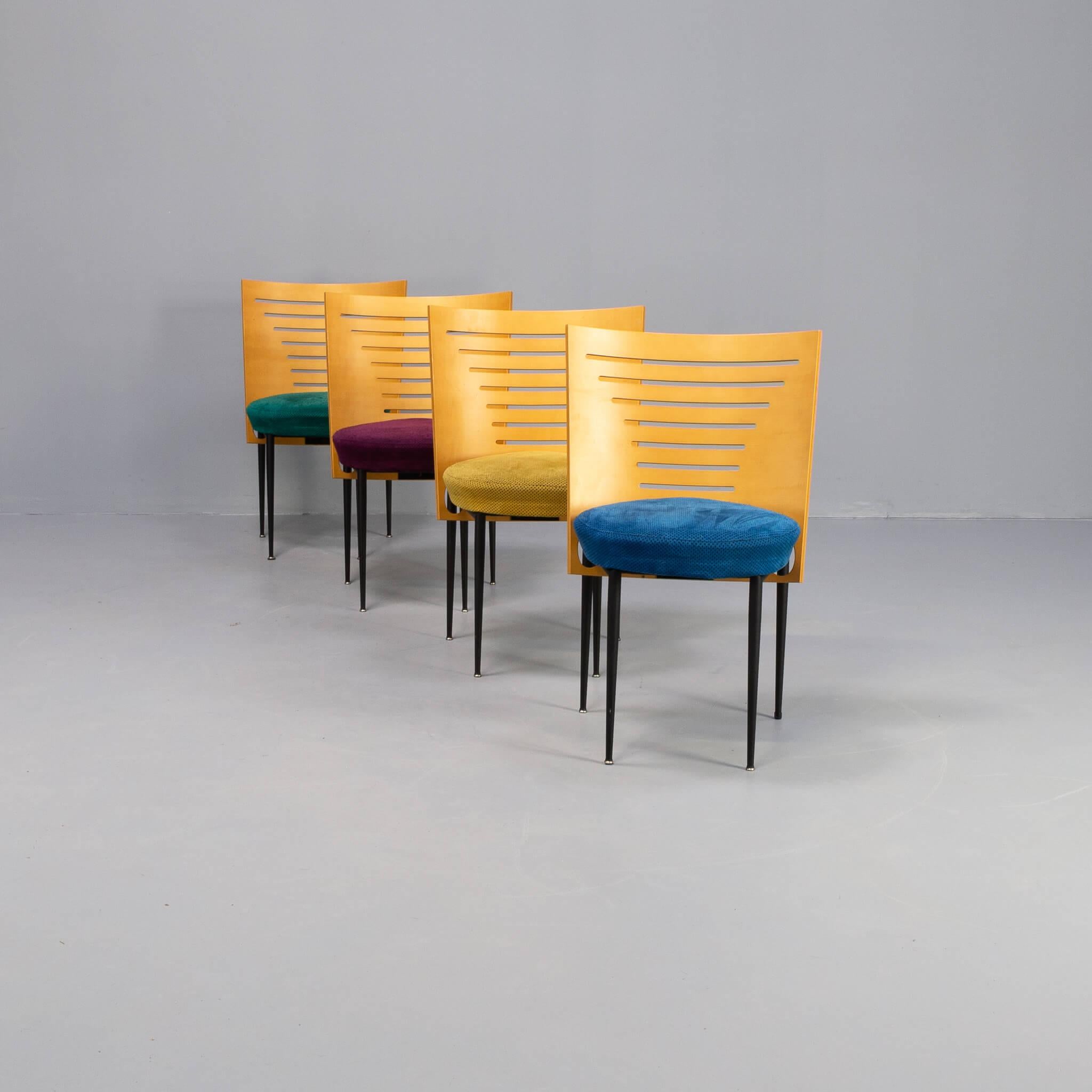 Rare postmodern dining chair in Memphis style designed by the famous Dutch designer duo Pierre Mazairac and Karel Boonzaadjer for Castelijn. The harmonica chairs, as they are called, are comfortable and very linear. Chairs are in good condition