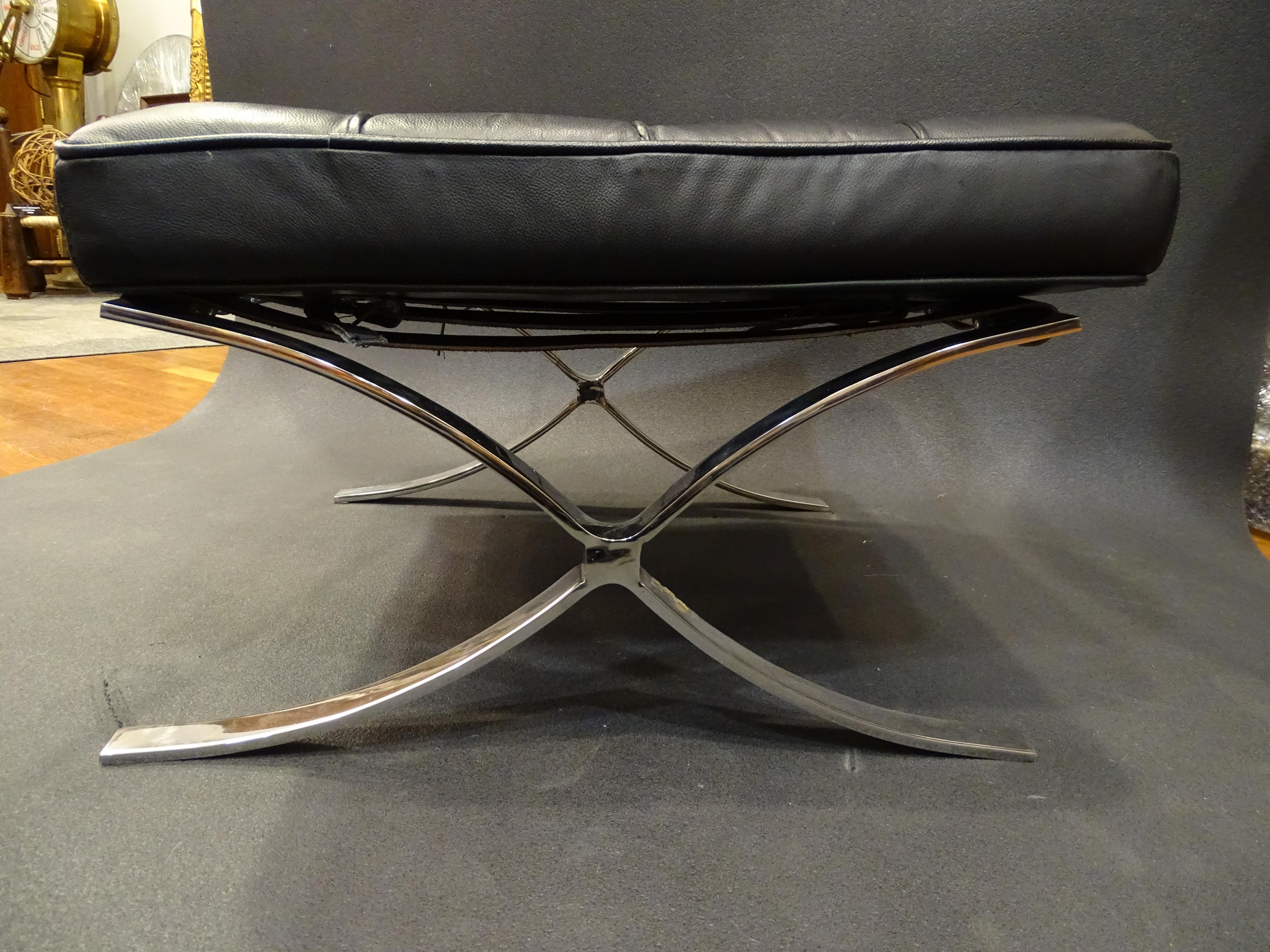 80s Mies Van der Rohe Black Stool, Footstool, Steel, Leather 4