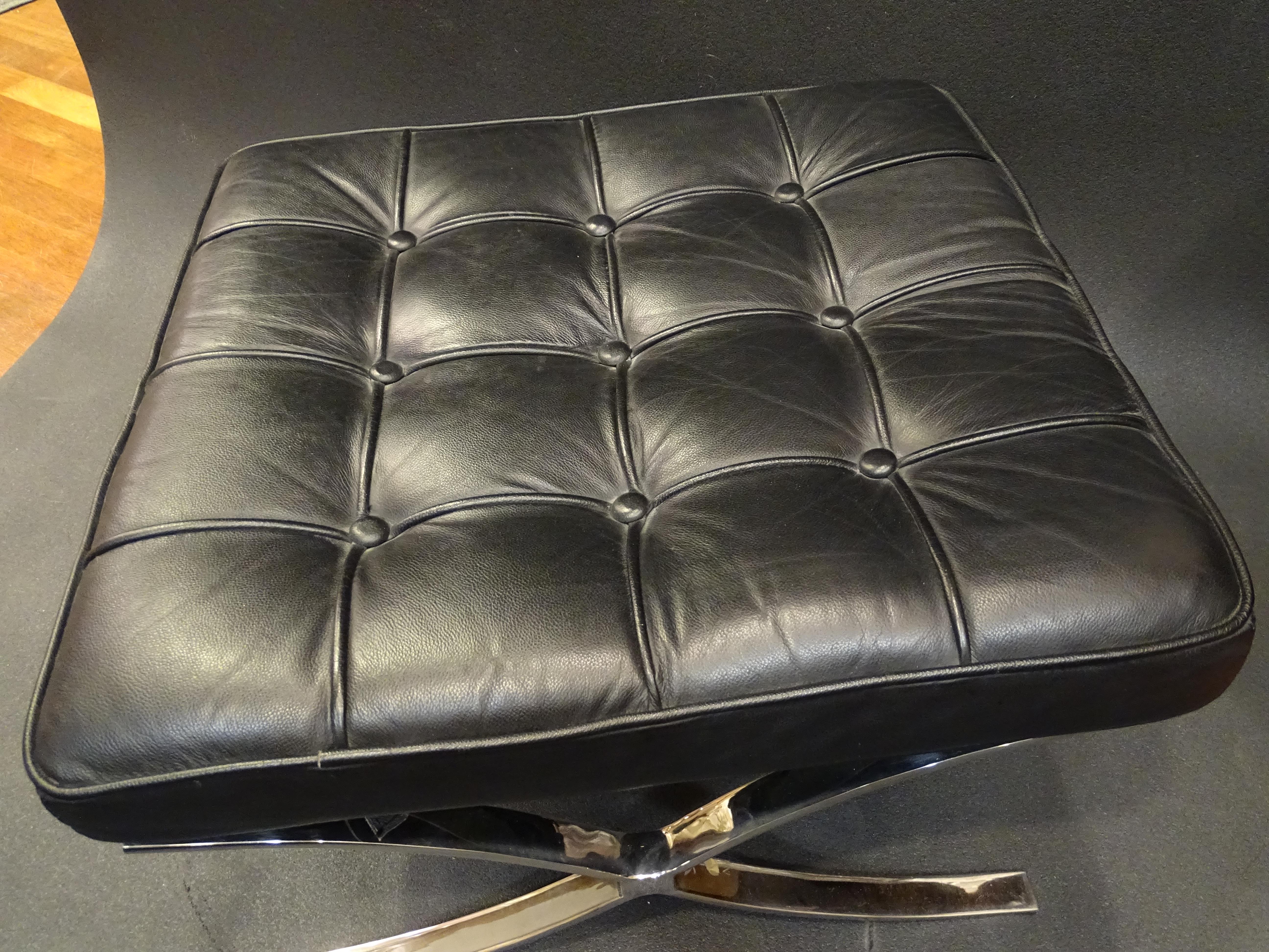 80s Mies Van der Rohe Black Stool, Footstool, Steel, Leather 5