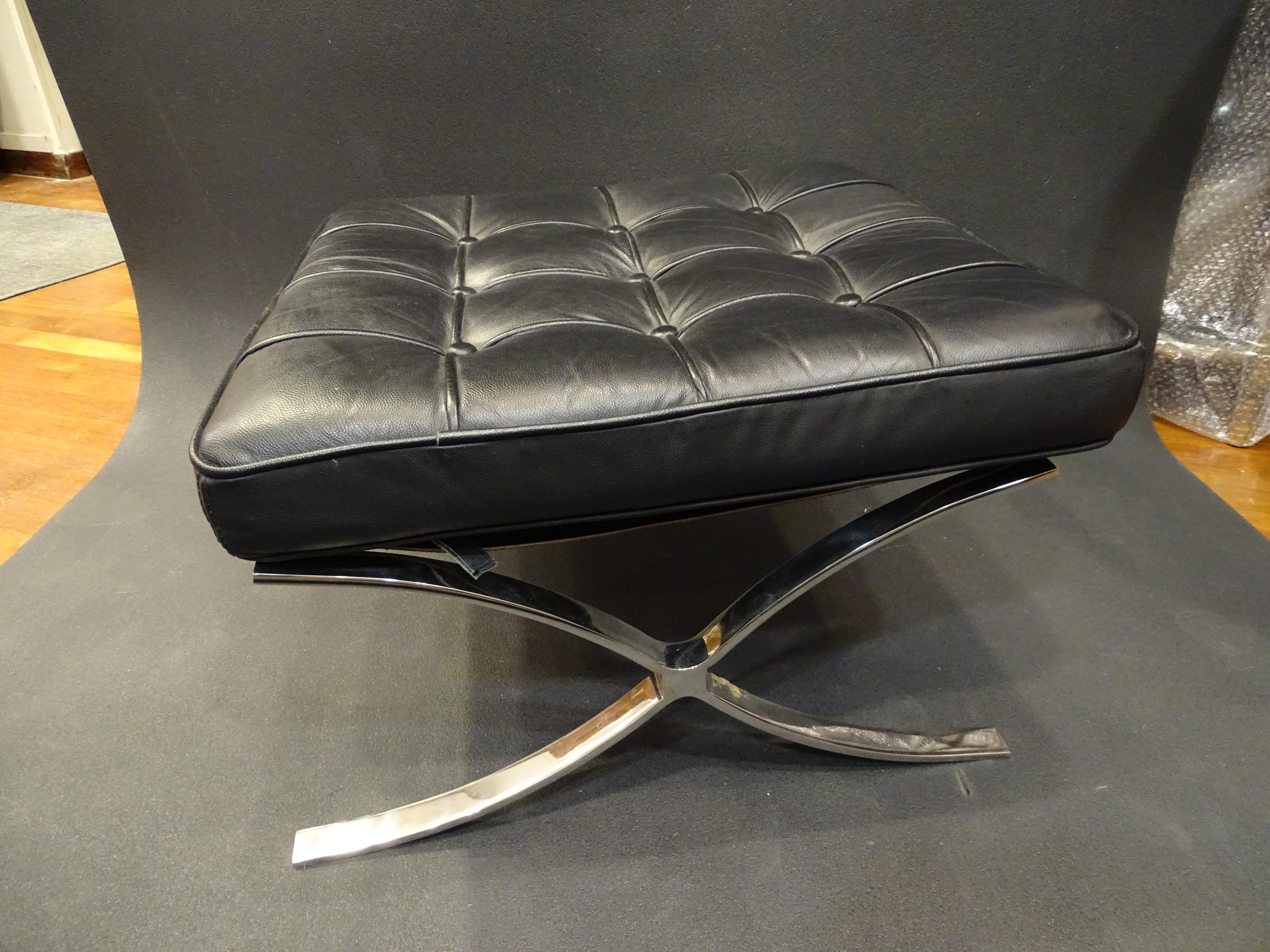 Mid-Century Modern 80s Mies Van der Rohe Black Stool, Footstool, Steel, Leather