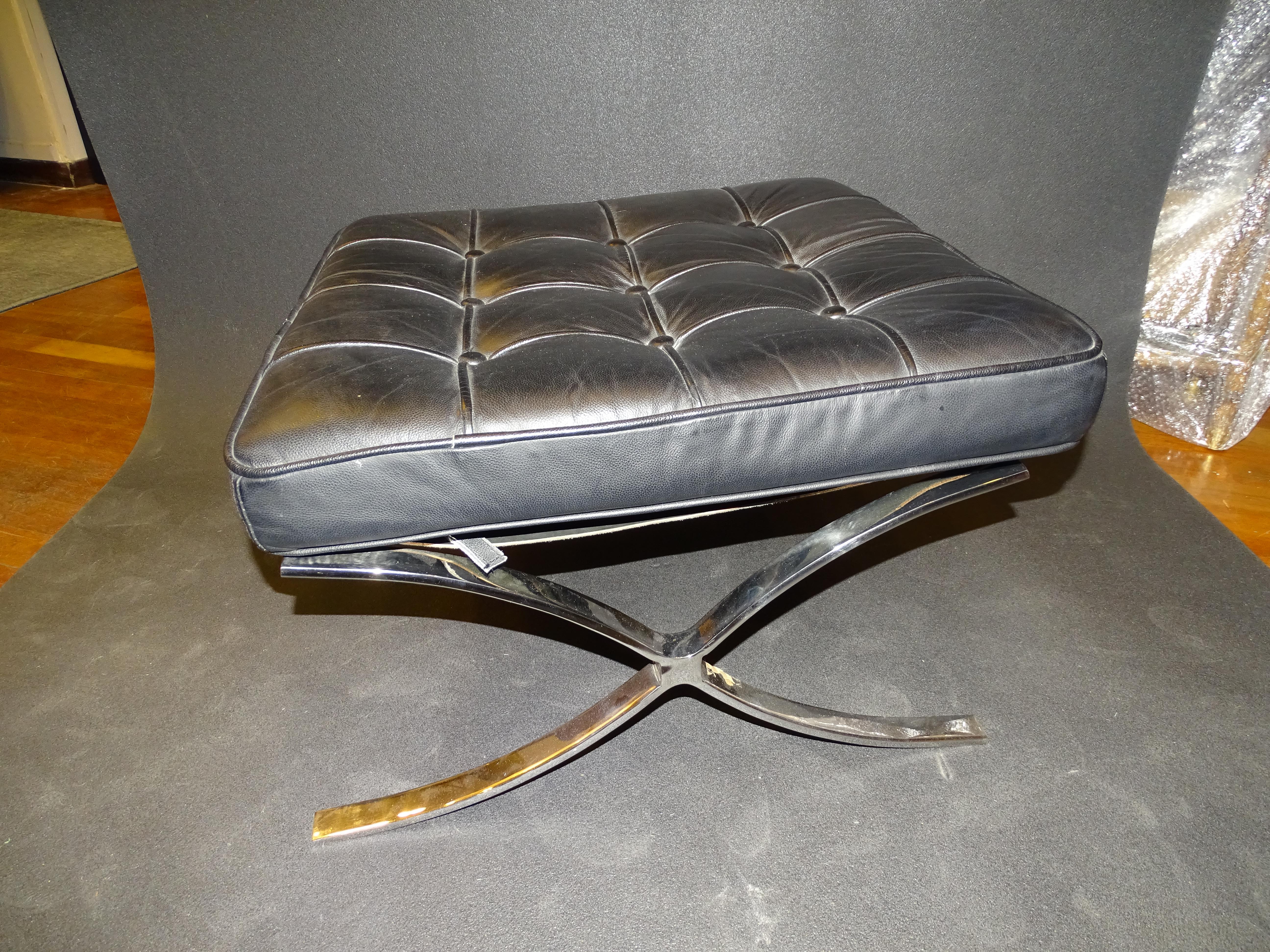 French 80s Mies Van der Rohe Black Stool, Footstool, Steel, Leather