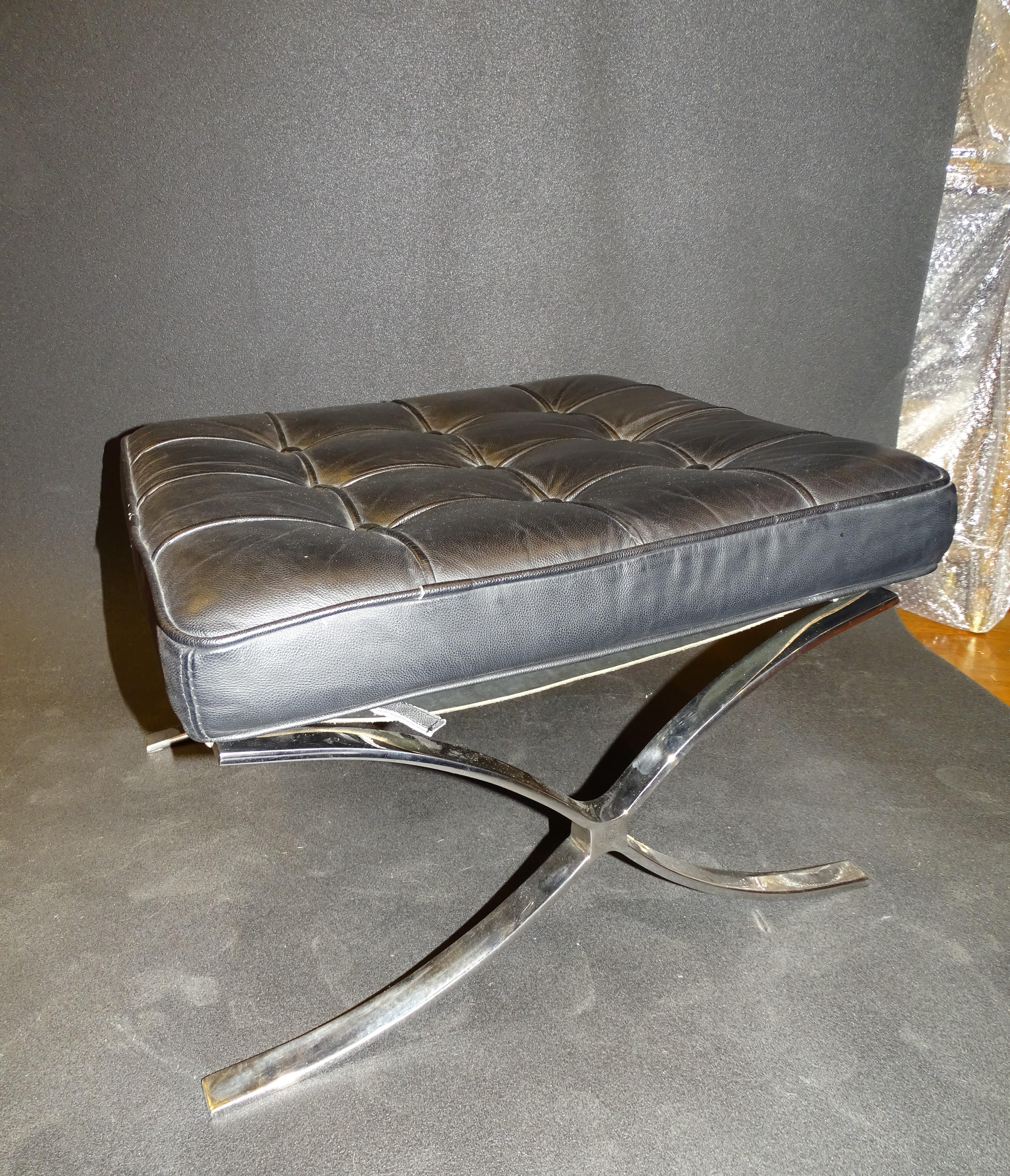Hand-Crafted 80s Mies Van der Rohe Black Stool, Footstool, Steel, Leather