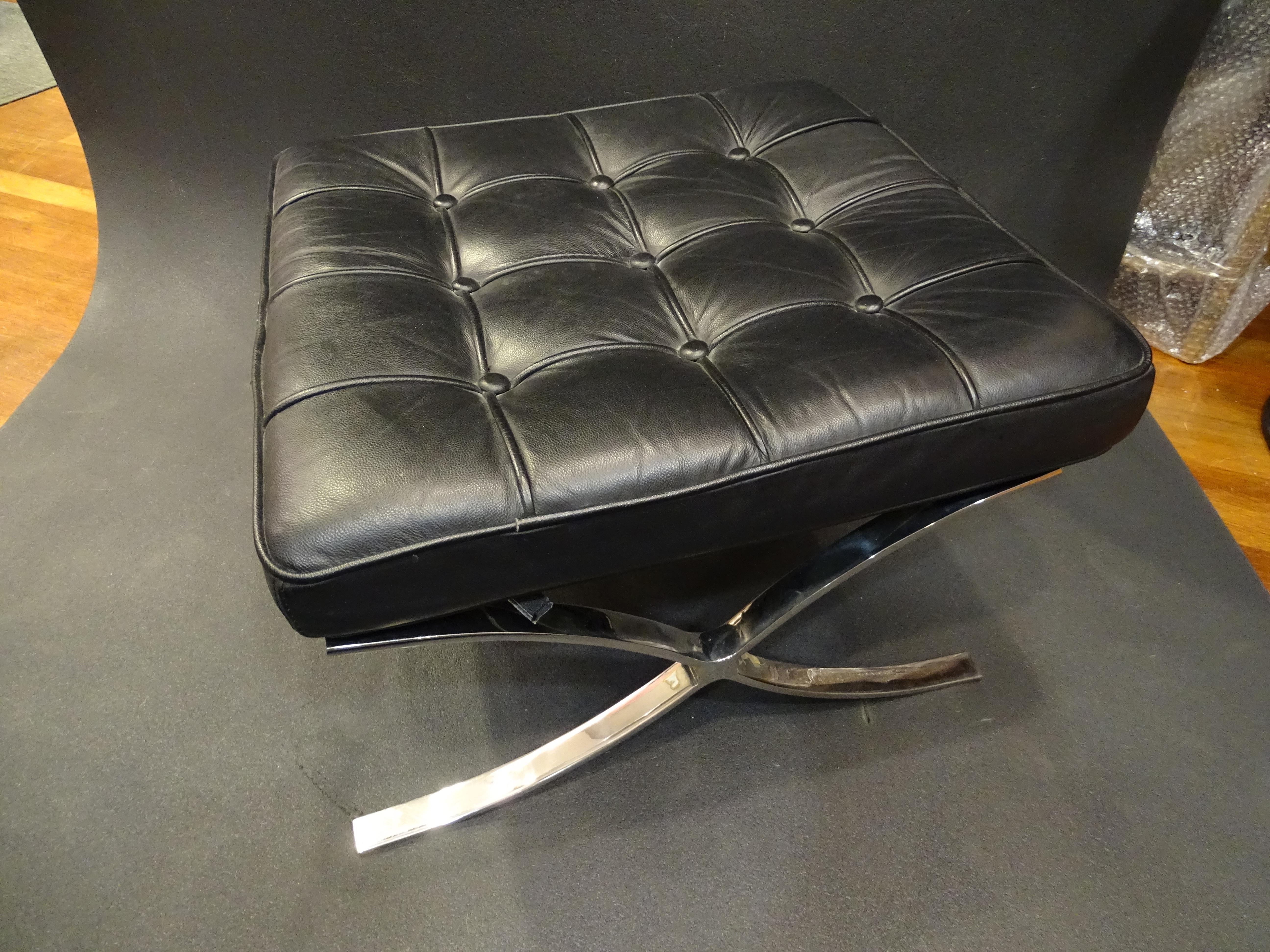 Late 20th Century 80s Mies Van der Rohe Black Stool, Footstool, Steel, Leather