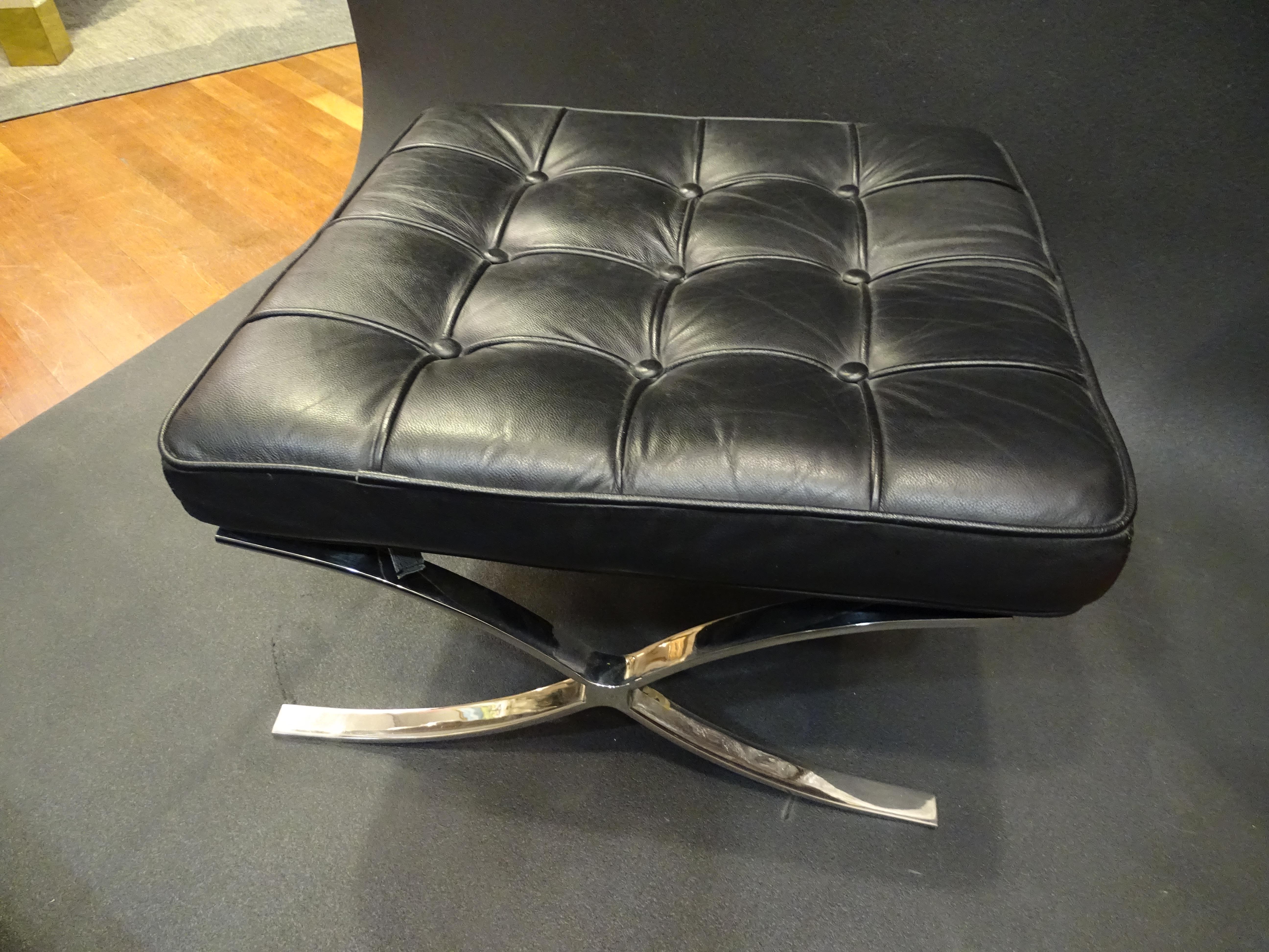 80s Mies Van der Rohe Black Stool, Footstool, Steel, Leather 1