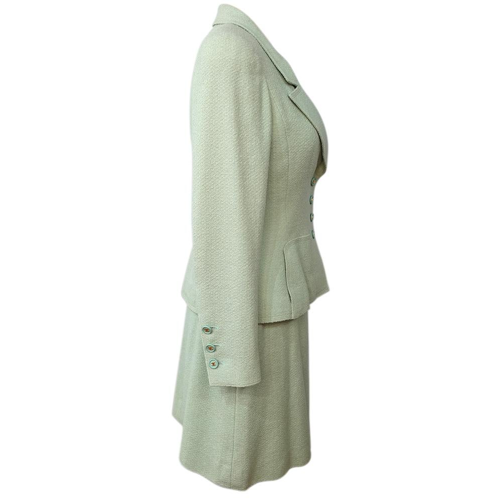 Gray 80's Mint Green Chanel Tweed Skirt Suit