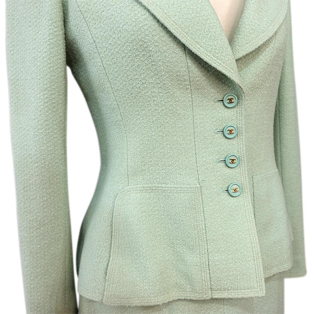 Women's or Men's 80's Mint Green Chanel Tweed Skirt Suit