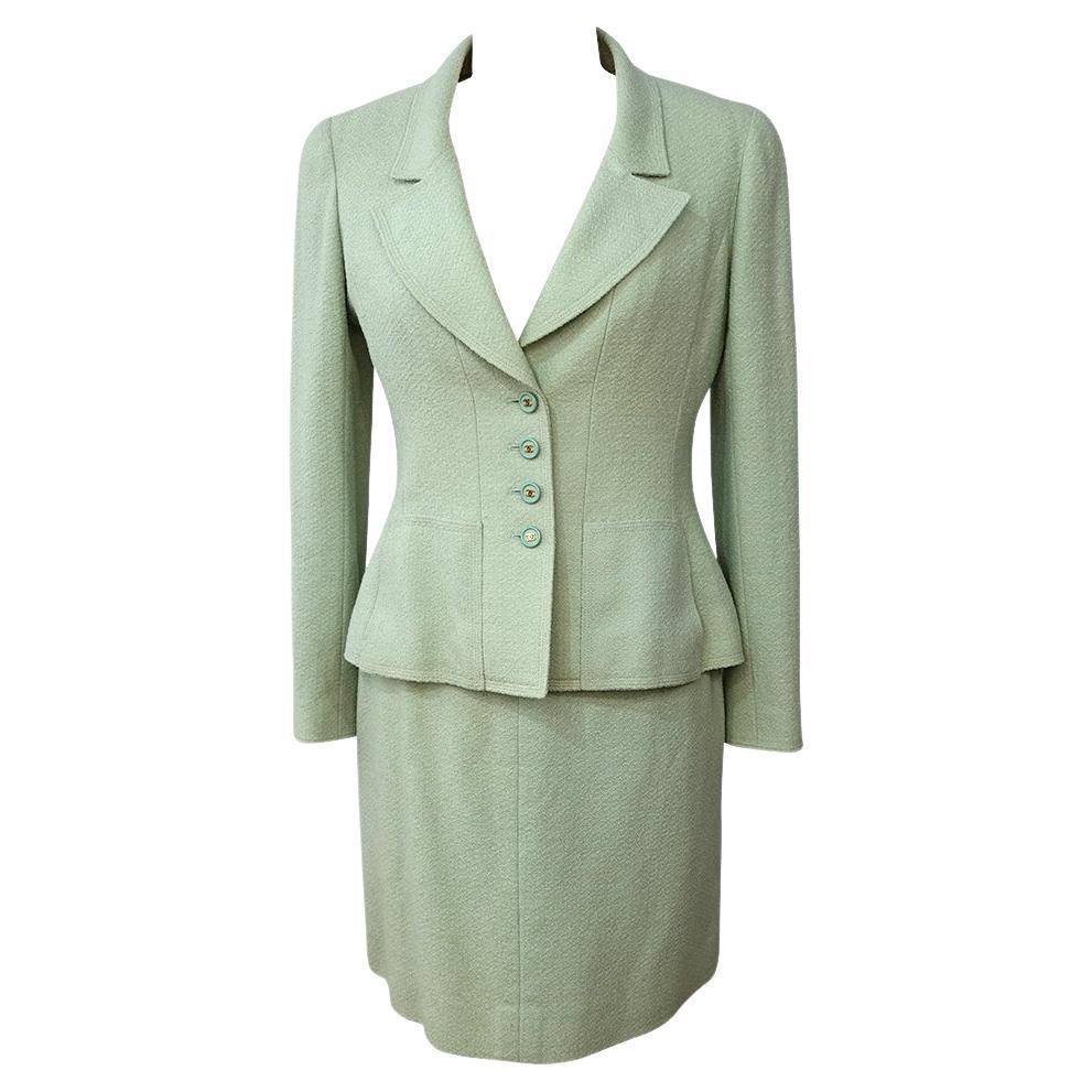 80's Mint Green Chanel Tweed Skirt Suit