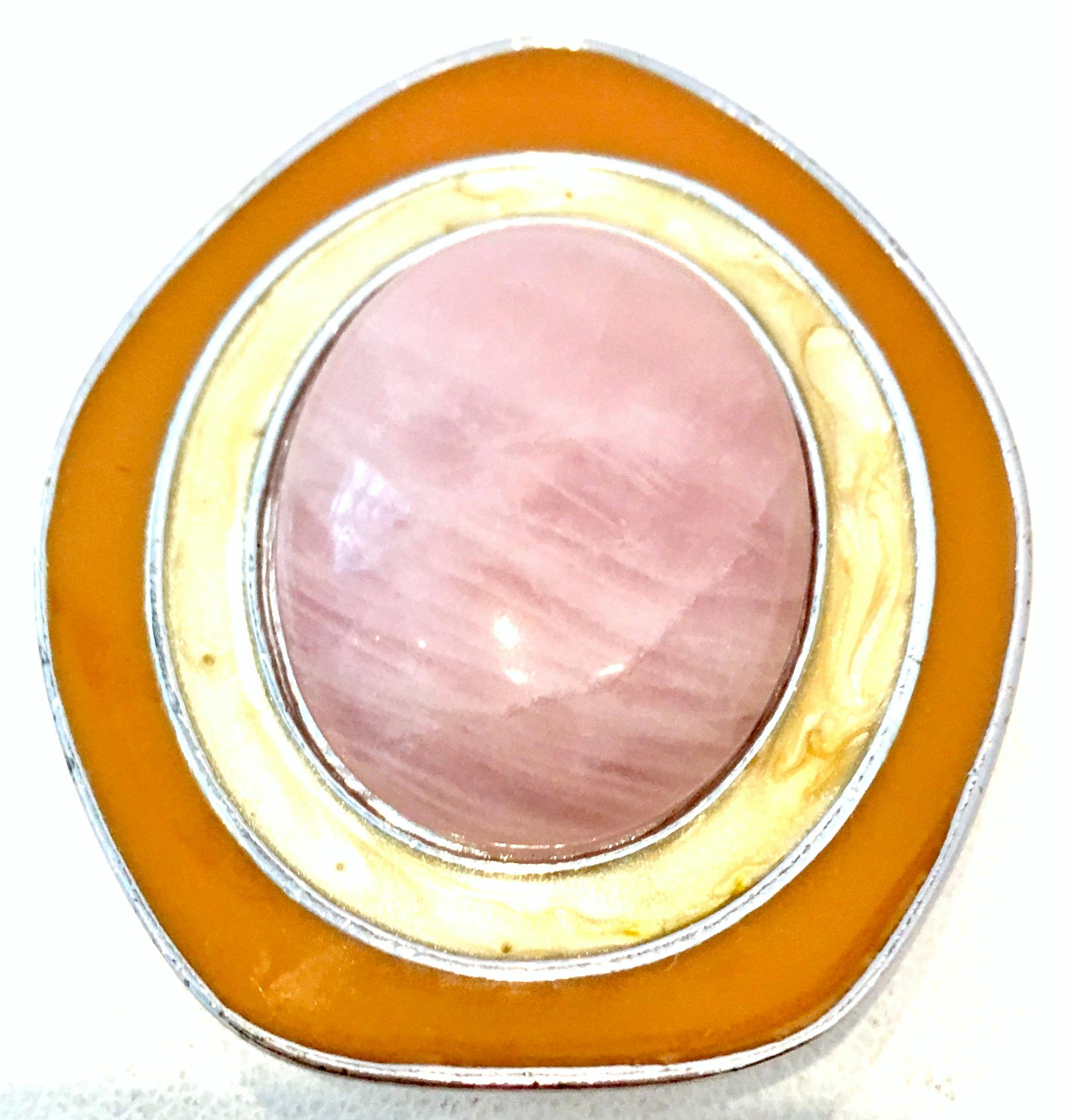 80'S MOD Silver, Rose Quartz, Enamel Earrings & Brooch/Pendant By, Celia Sebiri In Good Condition For Sale In West Palm Beach, FL