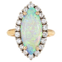 80s Natural Opal Diamond Ring Marquise Vintage 14k Yellow Gold Sz 5 Jewelry
