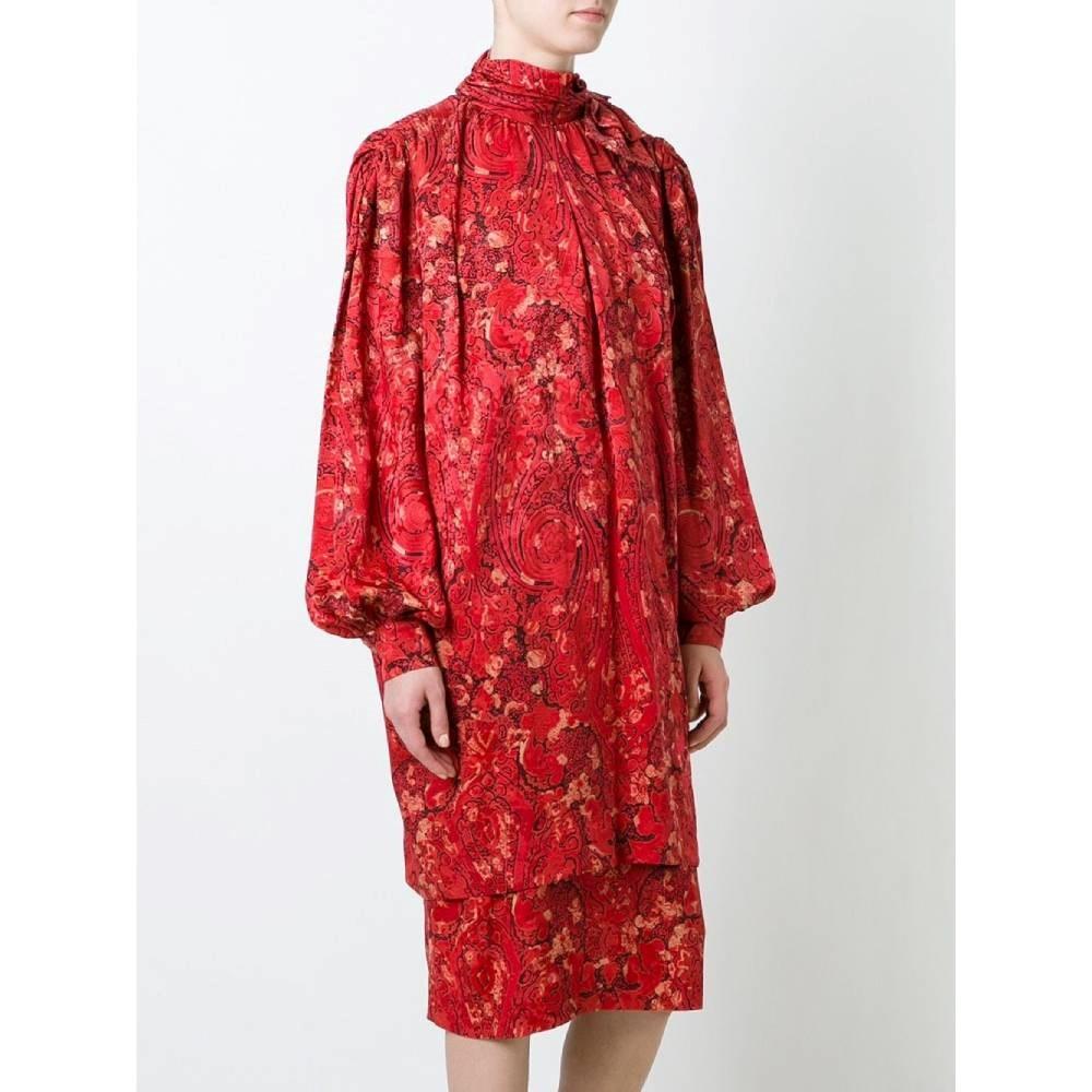 Red 80s Nina Ricci Vintage red silk dress with black and beige print For Sale