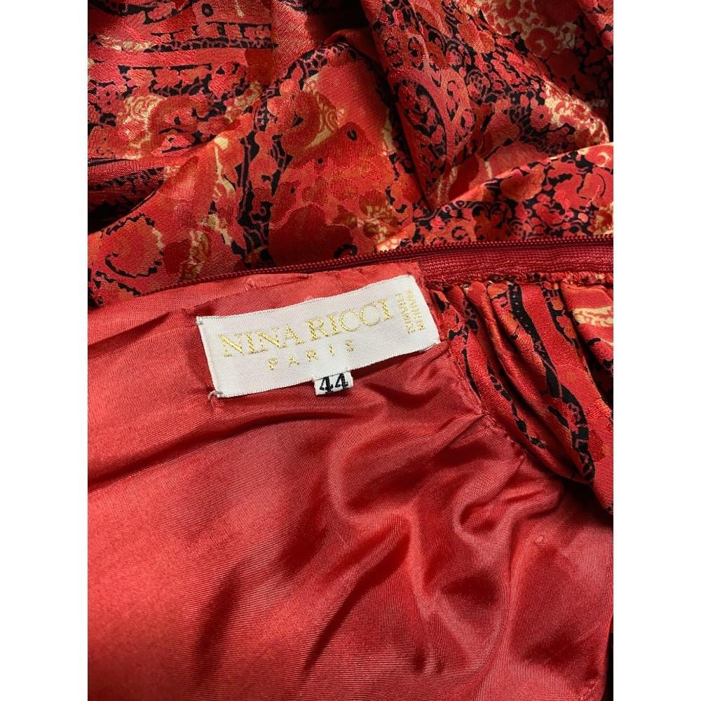 80s Nina Ricci Vintage red silk dress with black and beige print For Sale 1