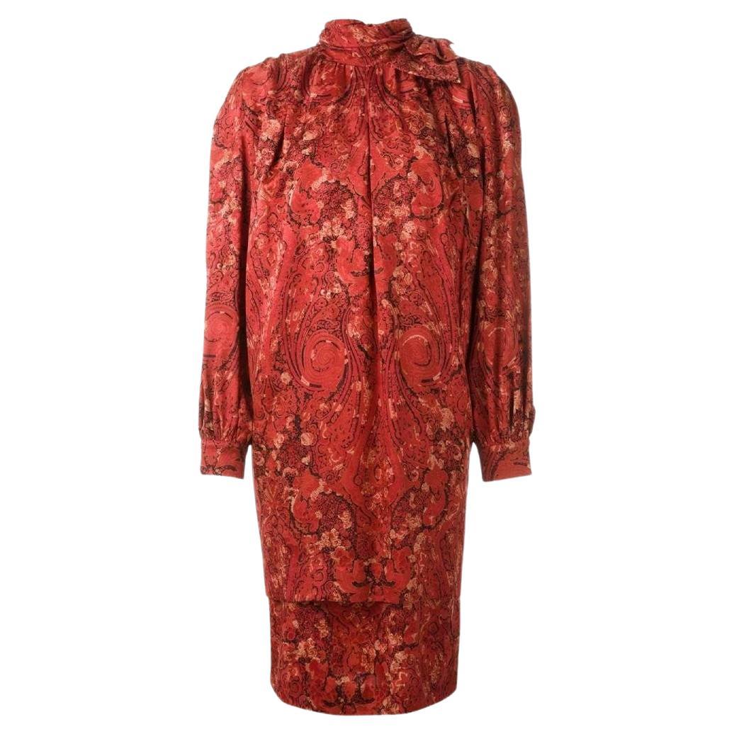 80s Nina Ricci Vintage red silk dress with black and beige print For Sale