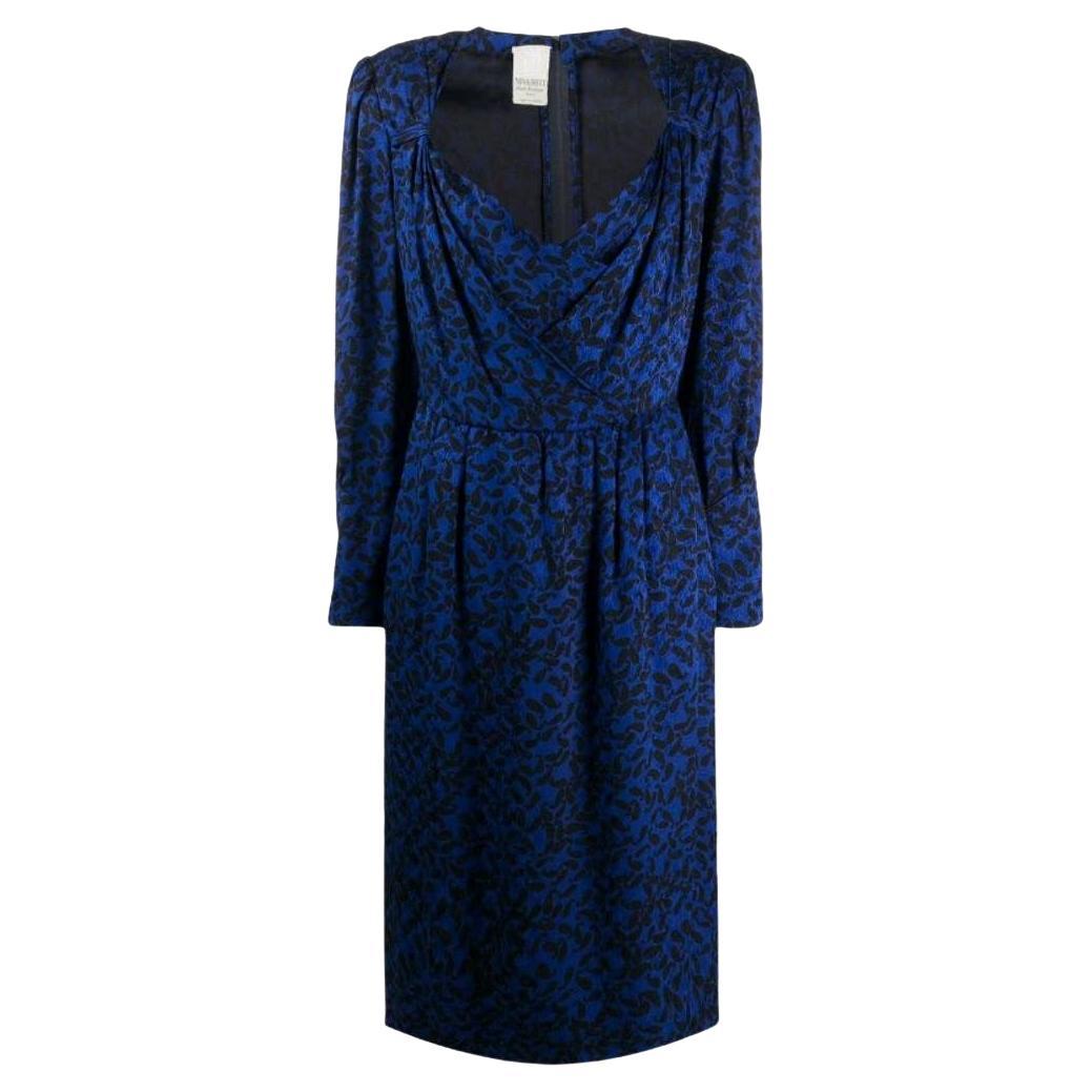 80s Nina Ricci Vintage silk blue midi dress with paisley pattern