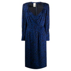80s Nina Ricci Vintage silk blue midi dress with paisley pattern