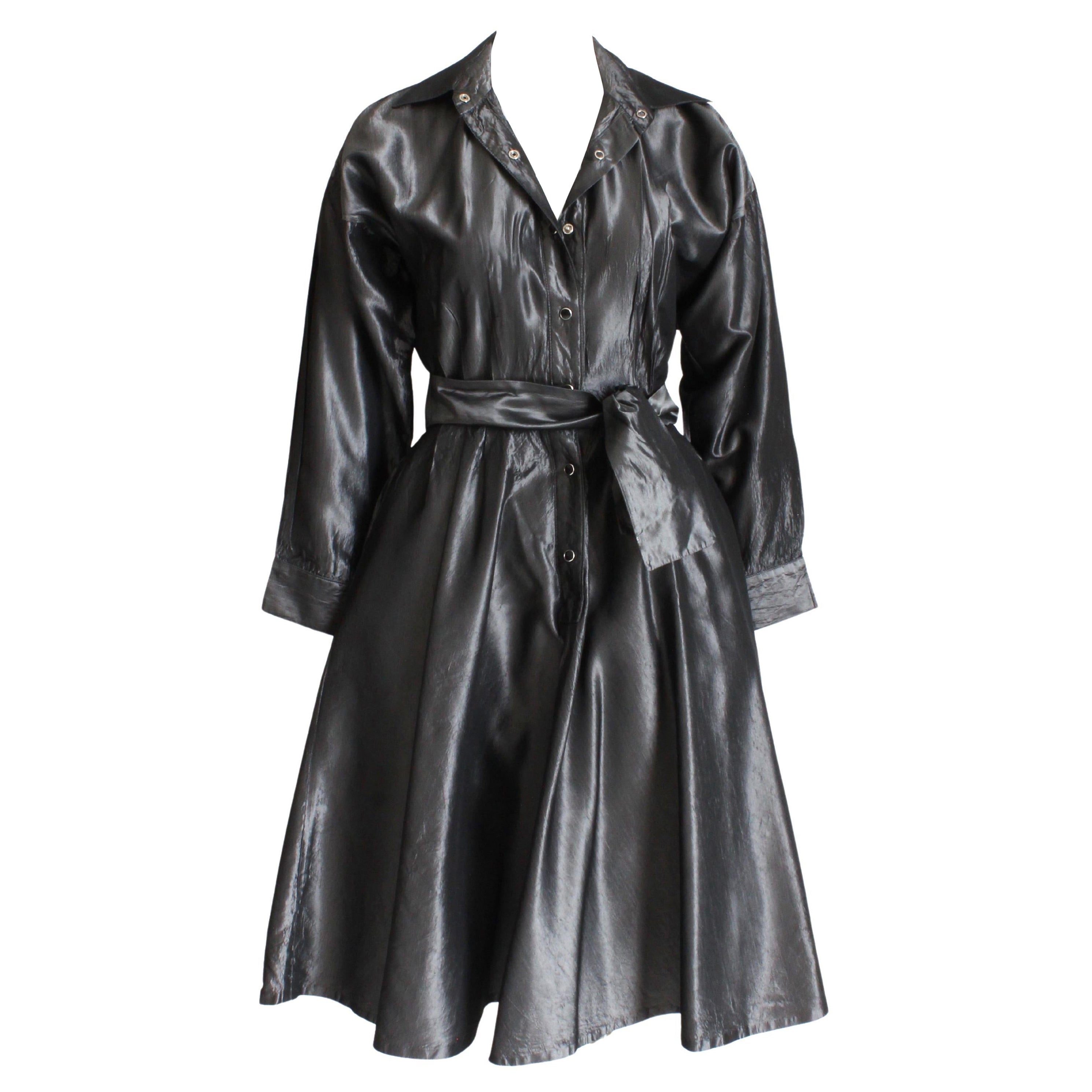 80s Norma Kamali Dress Shimmery Graphite Belted Shirt Dress Flared Vintage Sz 6 For Sale