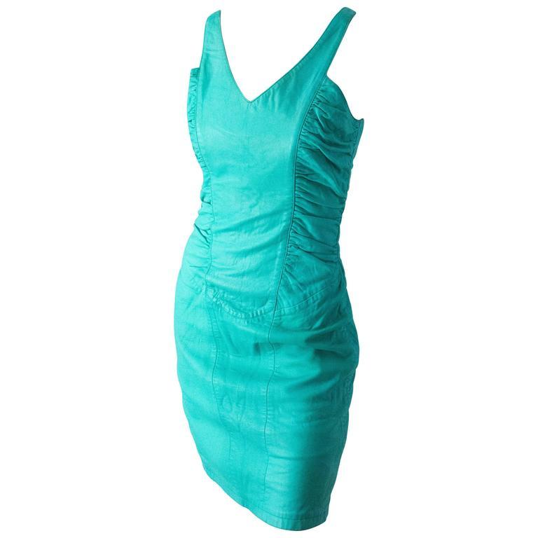 Blue 80s North Beach Leather Teal Dress For Sale