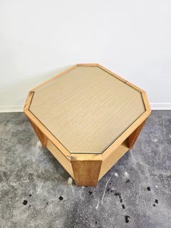 80s Octagonal Wood Accent Table with Glass Top on Casters