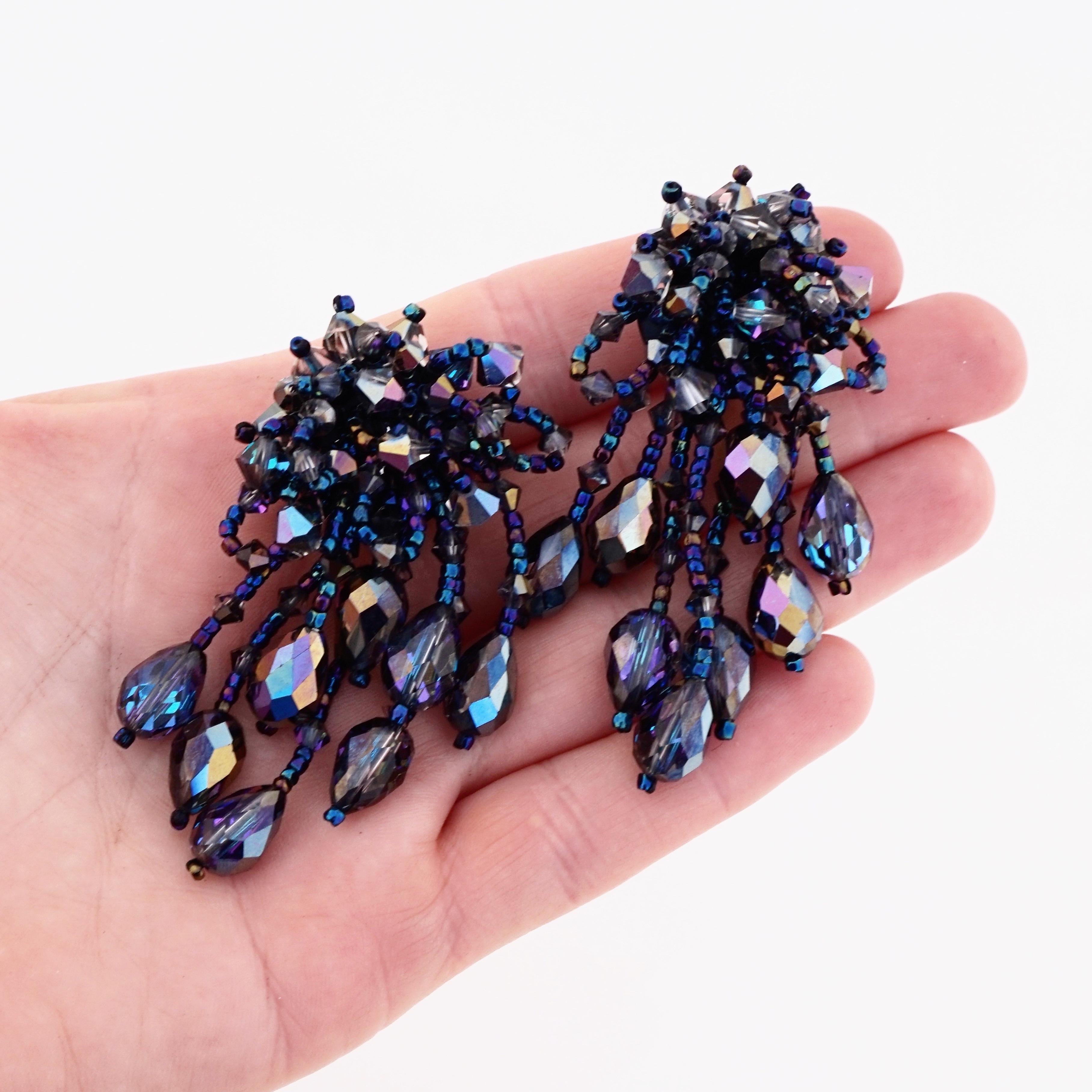 80s Oil Slick Crystal Beaded Cluster Statement Earrings With Fringe By Lois Ann In Good Condition In McKinney, TX