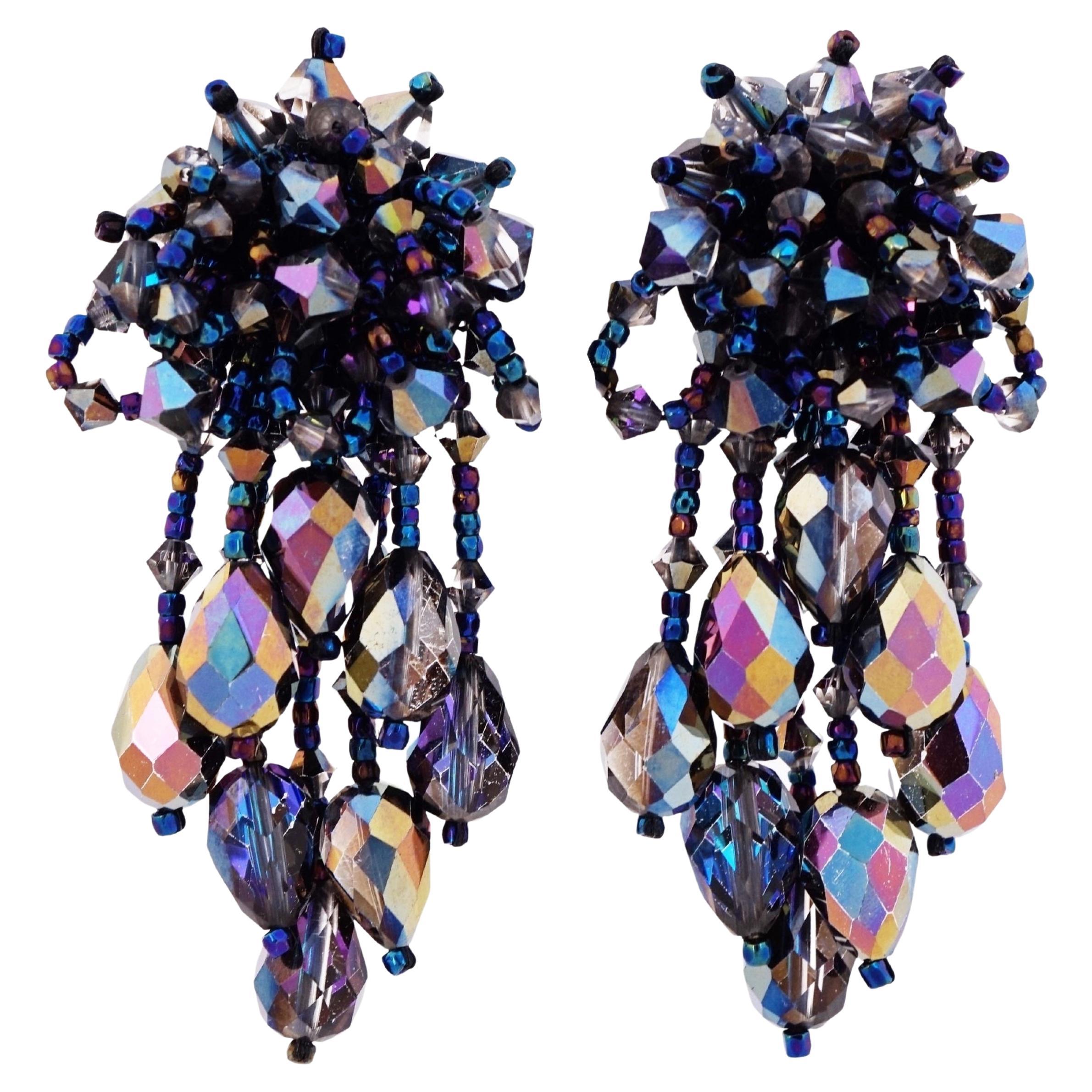 80s Oil Slick Crystal Beaded Cluster Statement Earrings With Fringe By Lois Ann
