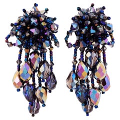 80s Oil Slick Crystal Beaded Cluster Statement Earrings With Fringe By Lois Ann