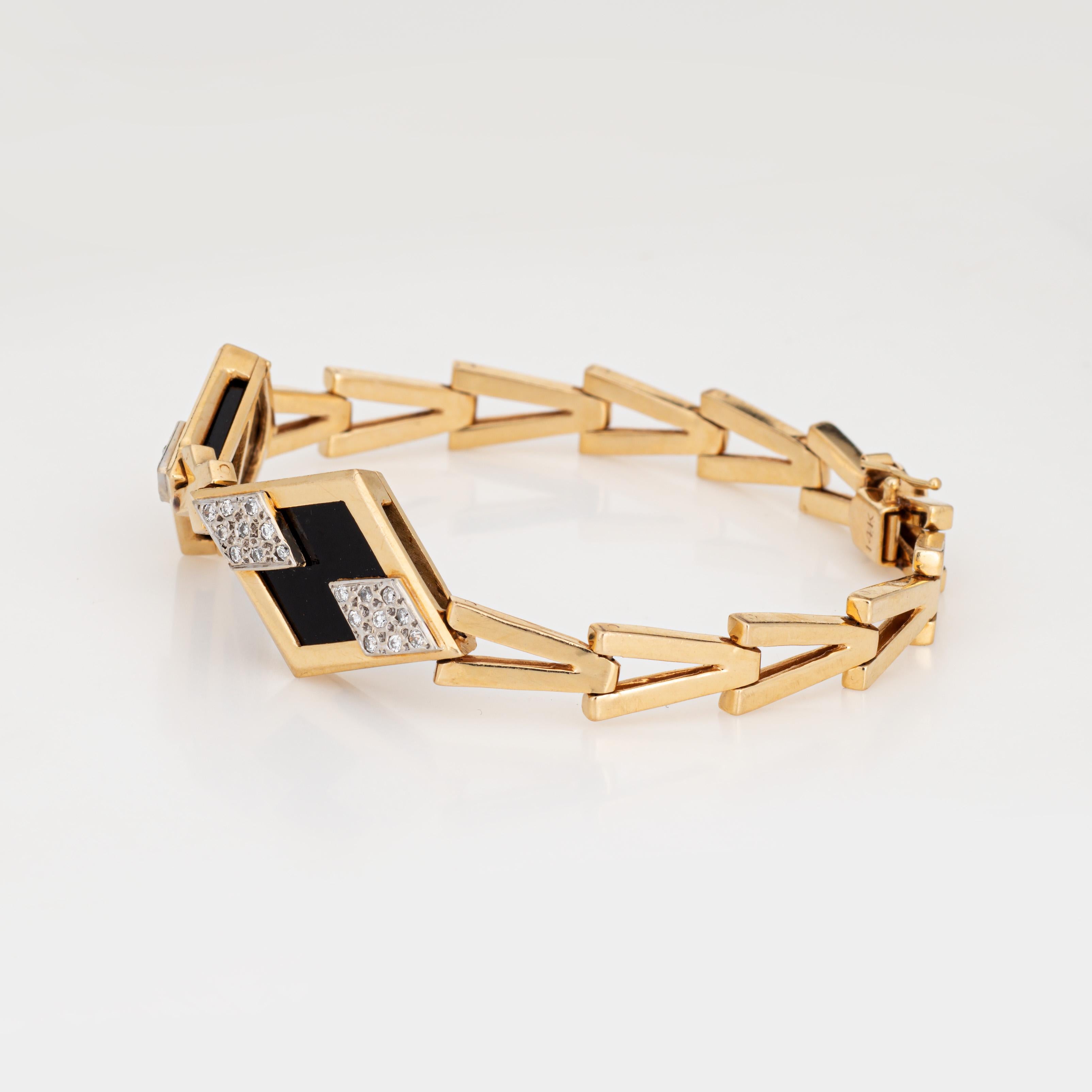 Modern 80s Onyx Diamond Bracelet Vintage 14k Yellow Gold 7.5