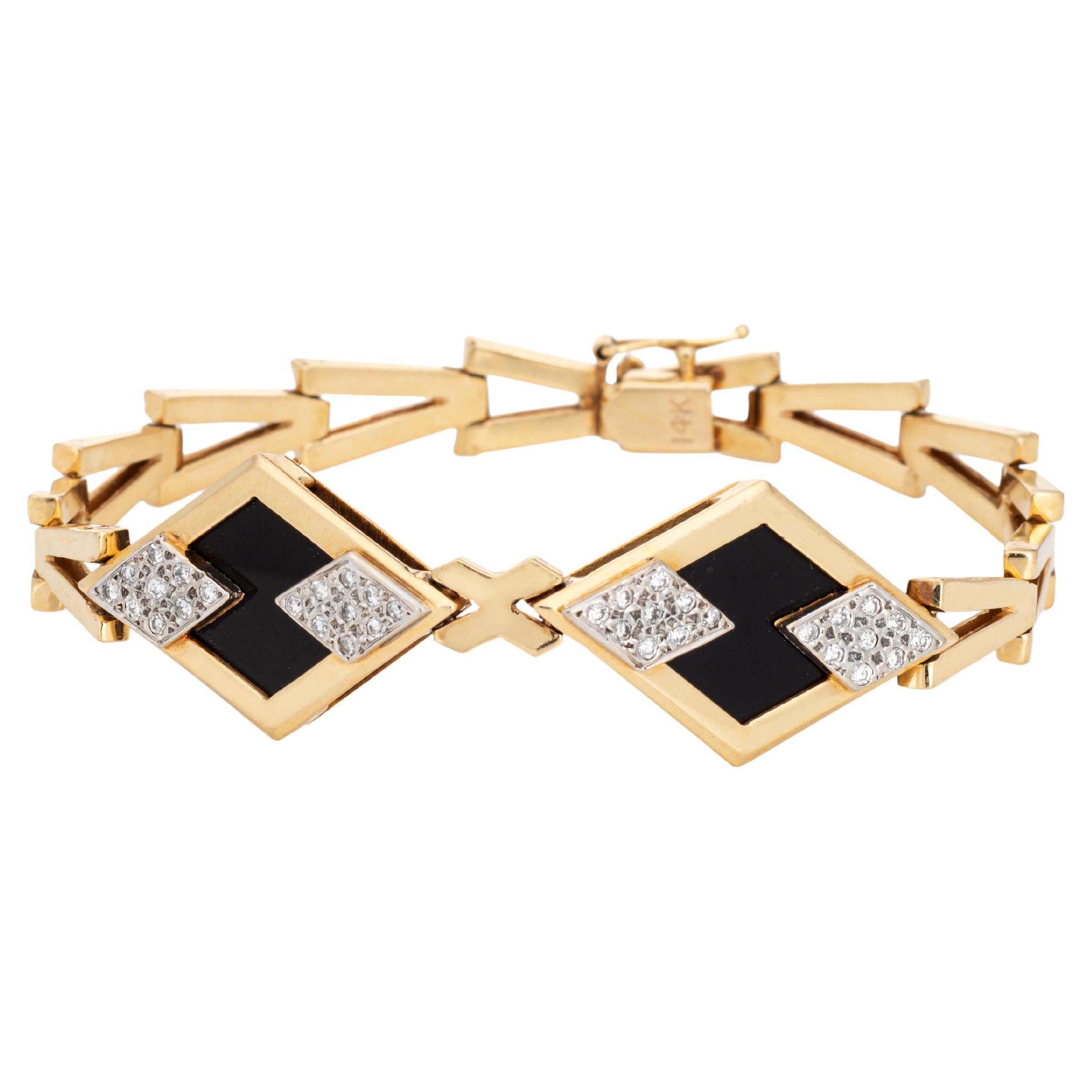 80s Onyx Diamond Bracelet Vintage 14k Yellow Gold 7.5" Triangle V Link Jewelry  For Sale