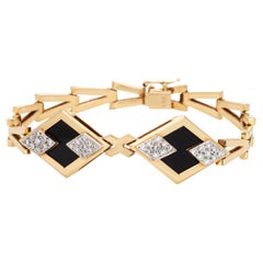 80s Onyx Diamond Bracelet Vintage 14k Yellow Gold 7.5" Triangle V Link Jewelry