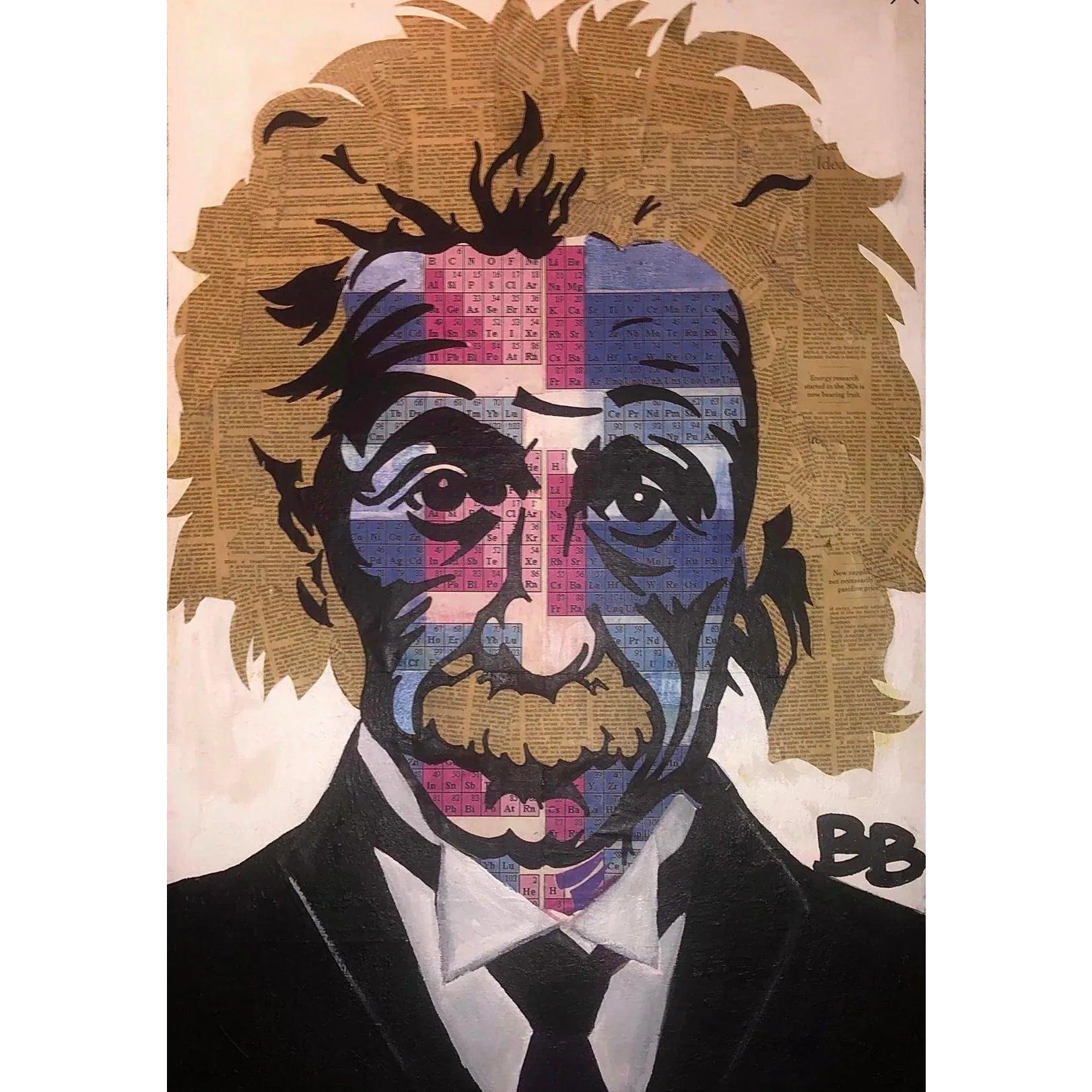 80s Original Vintage Pop Art Albert Einstein Periodensystem Gesicht Mixed Media Art Collage Portrait Malerei von Muralist B. B.

Hervorragende, Original, Vintage, Mixed Media Painting / Collage Porträt auf Leinwand, der illustren Wissenschaftler und