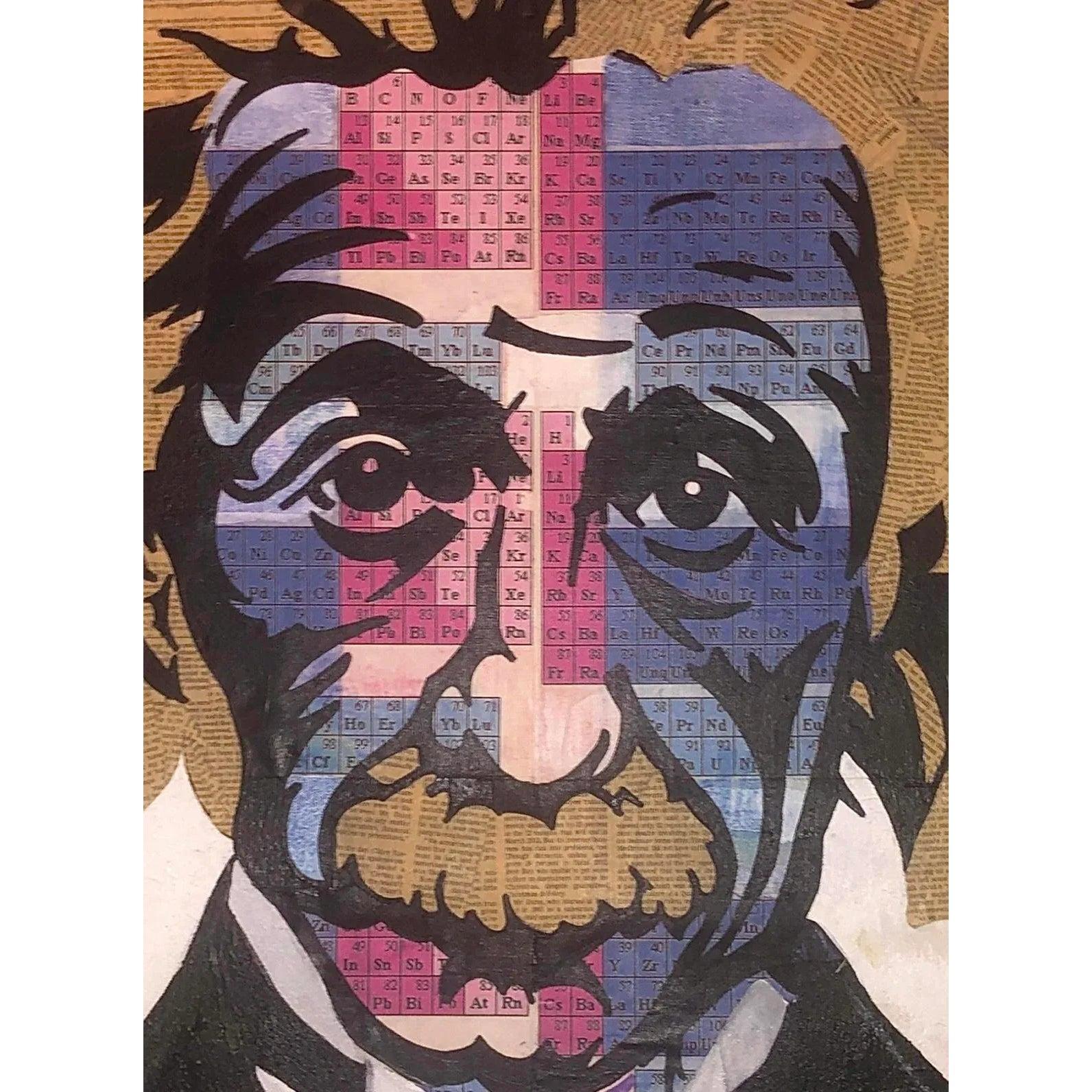 80er Jahre Original Pop Art Albert Einstein Periodensystem Gesicht Mixed Media Kunst Collage (Moderne der Mitte des Jahrhunderts) im Angebot