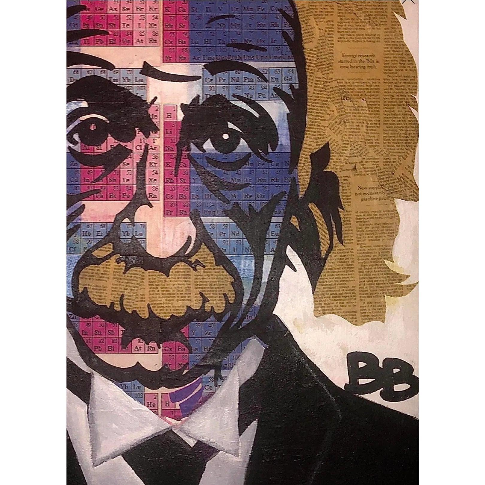 80er Jahre Original Pop Art Albert Einstein Periodensystem Gesicht Mixed Media Kunst Collage (Leinwand) im Angebot