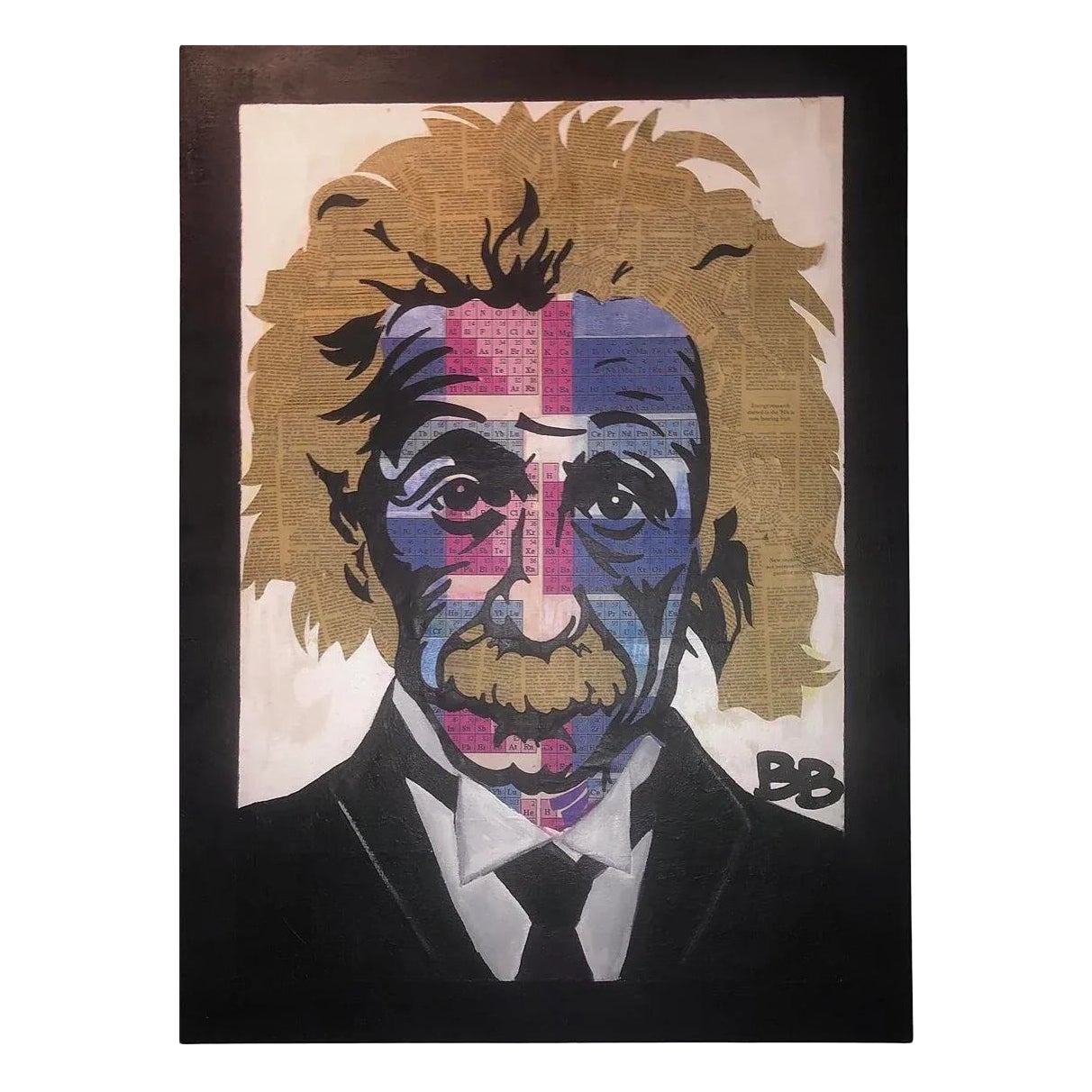 80er Jahre Original Pop Art Albert Einstein Periodensystem Gesicht Mixed Media Kunst Collage