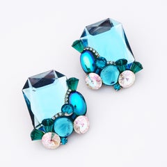 80s Oversized Blue Crystal Statement Earrings w/ Cabochon Cluster By Wendy Gell