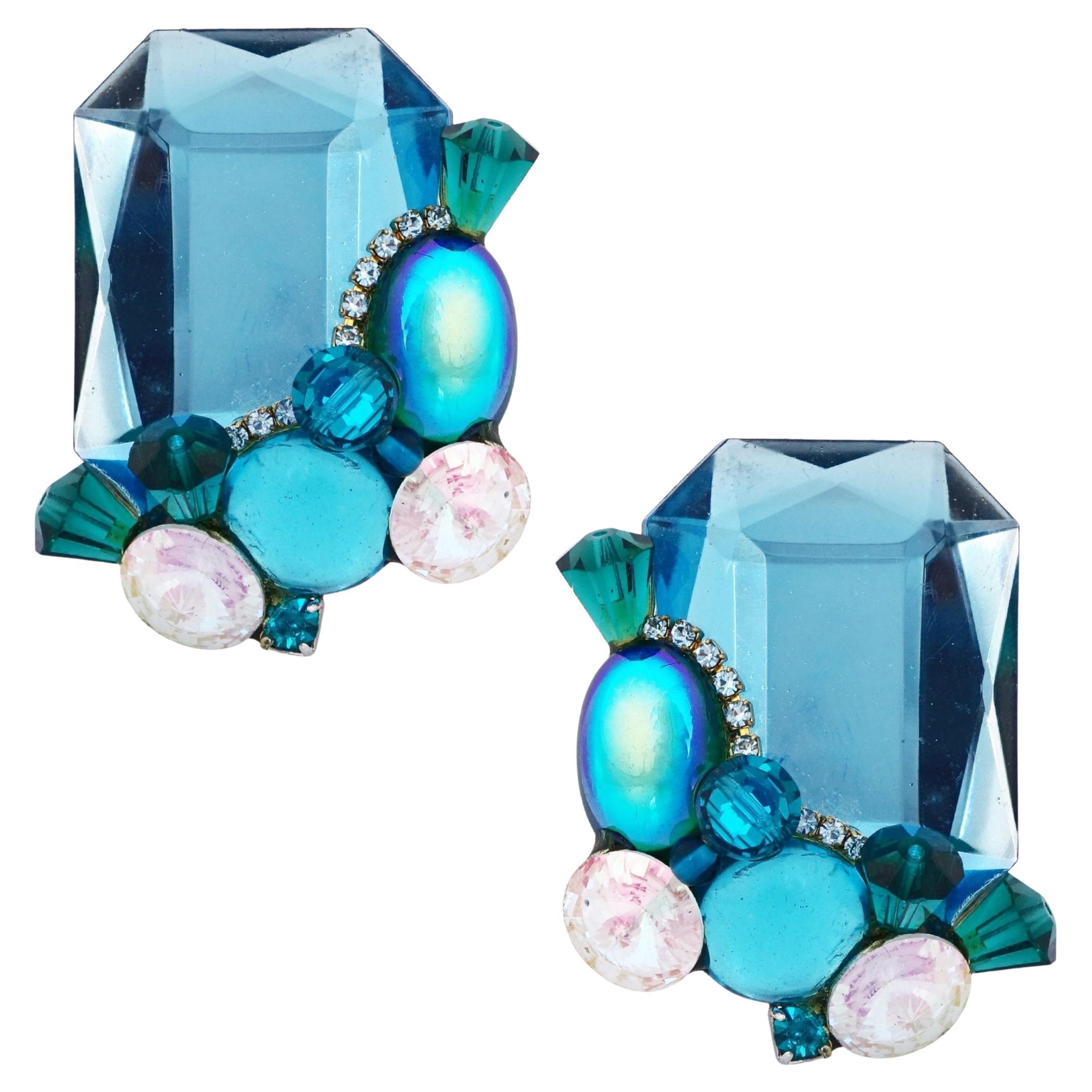 80s Oversized Blue Crystal Statement Earrings w/ Cabochon Cluster By Wendy Gell