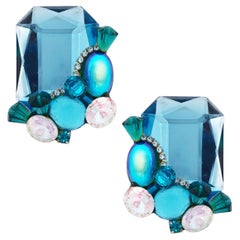 80s Oversized Blue Crystal Statement Earrings w/ Cabochon Cluster By Wendy Gell