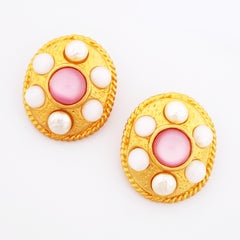 80s Oversized Gold Medallion Earrings w Pink Moon Glow & Baroque Pearl Cabochons