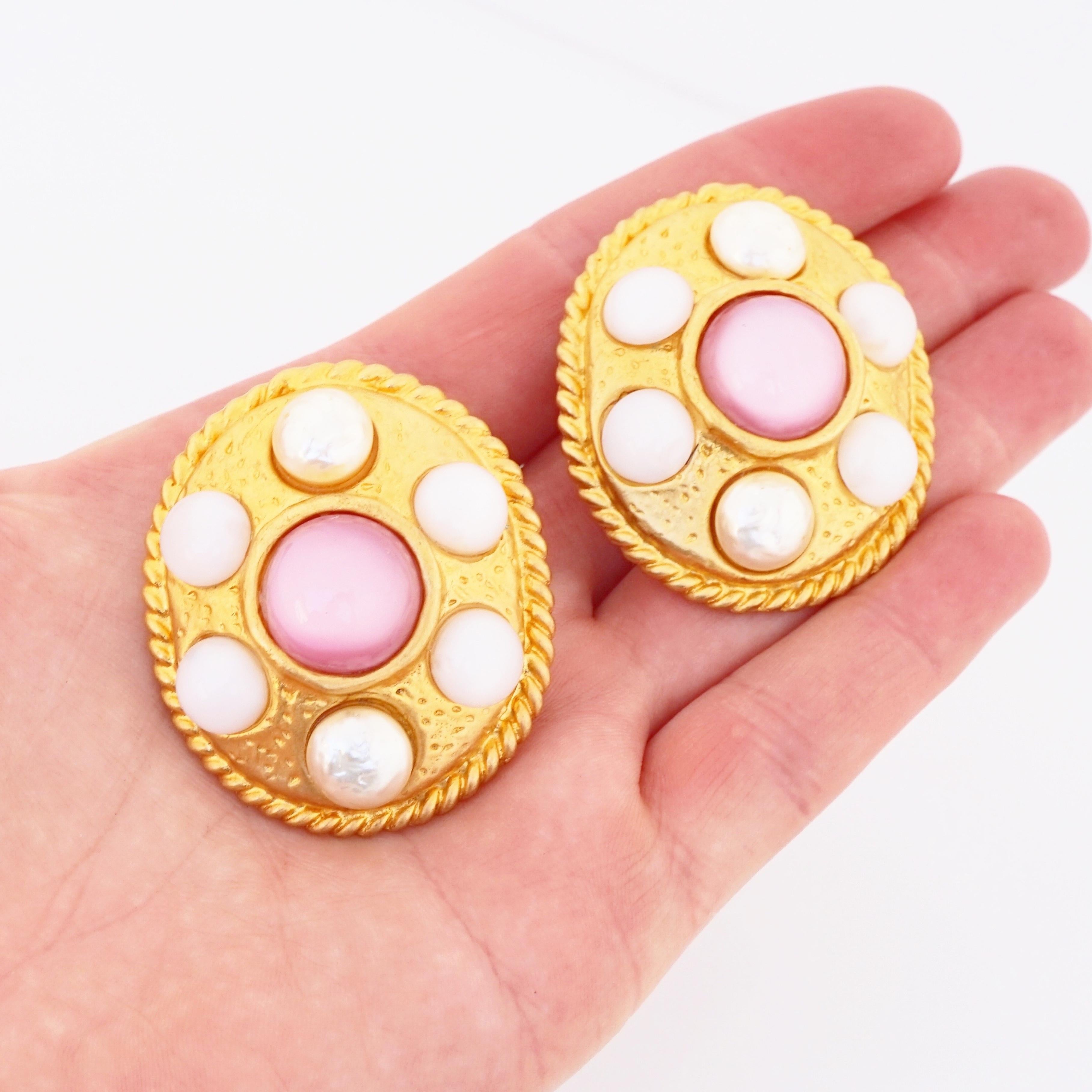 Women's 80s Oversized Gold Medallion Earrings w Pink Moon Glow & Baroque Pearl Cabochons