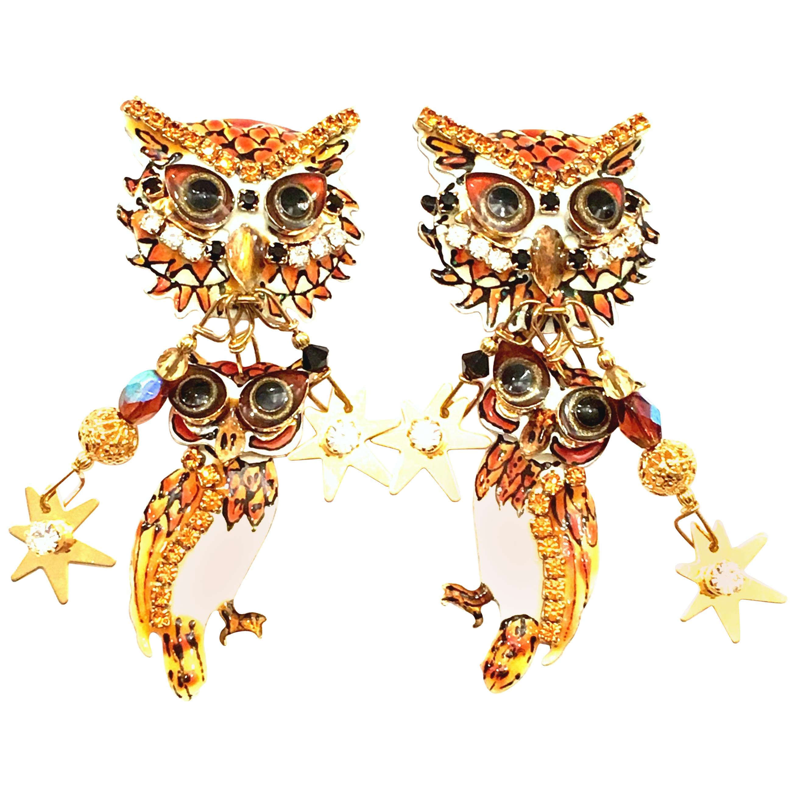 80'S Pair Of Gold Plate & Swarovski Crystal "Owl" Earrings By, Lunch At The Ritz