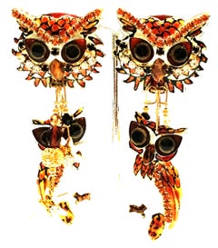 80'S Pair Of Gold Plate & Swarovski Crystal "Owl" Earrings By, Lunch At The Ritz
