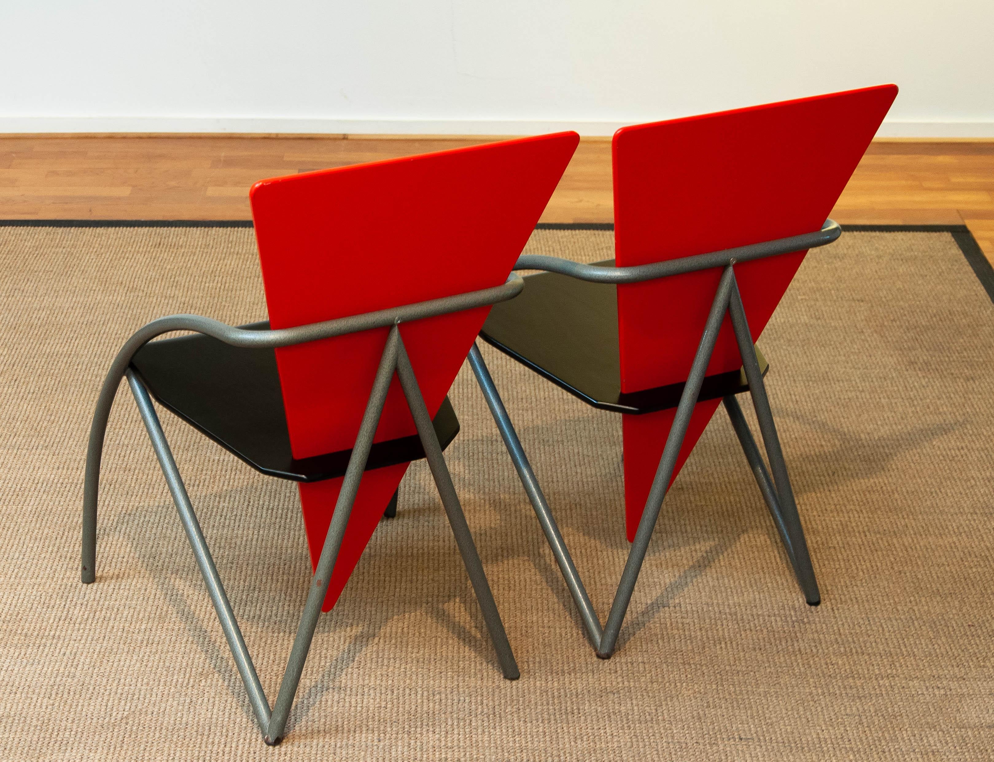These extremely rare dining / office chairs are a great example to the post-modern period and are a design statement at the time of the early '80s. The so called 