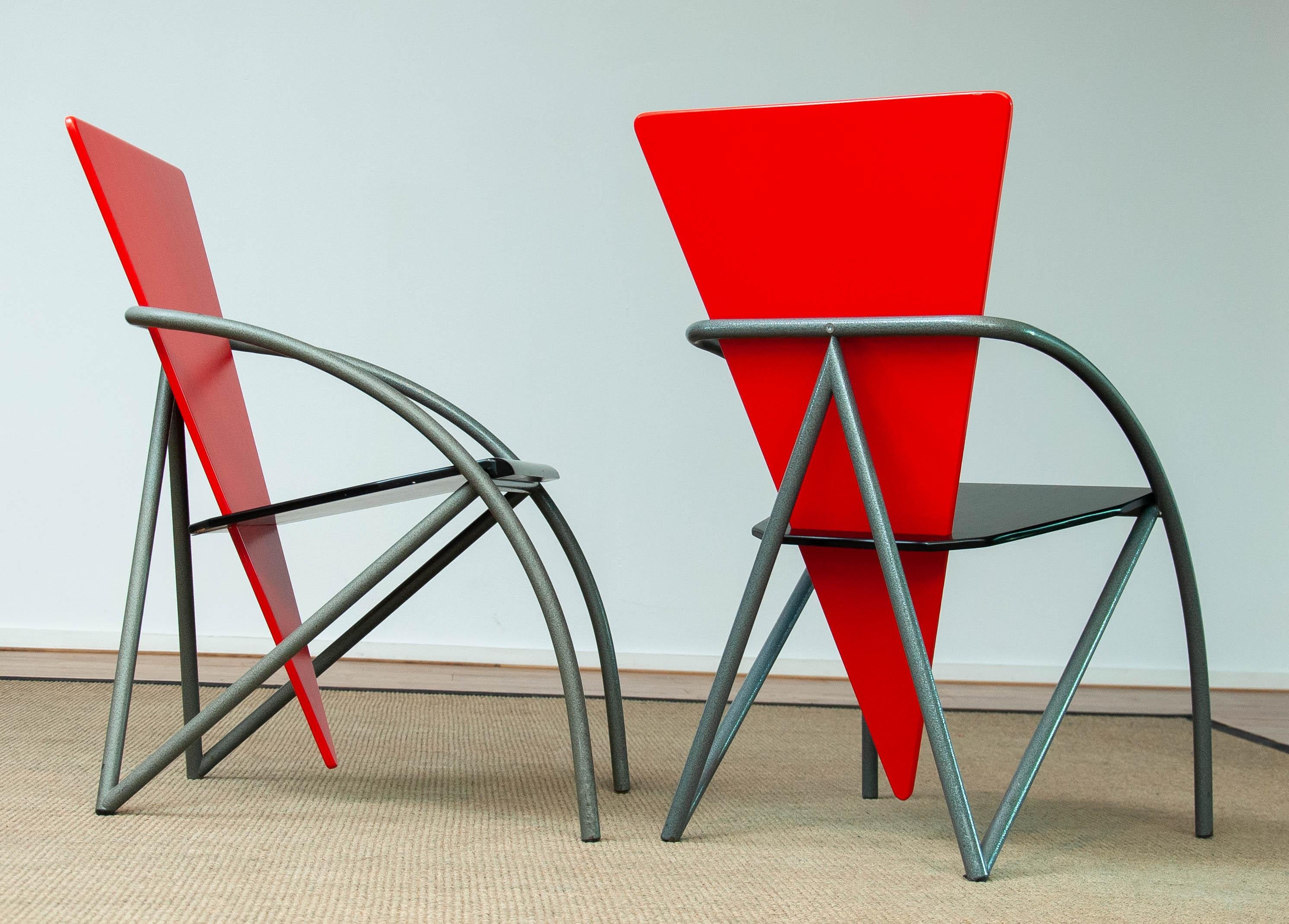 Danish 80's Pair Post-Modern Dining Office Chairs in Red and Black by Klaus Wettergren For Sale