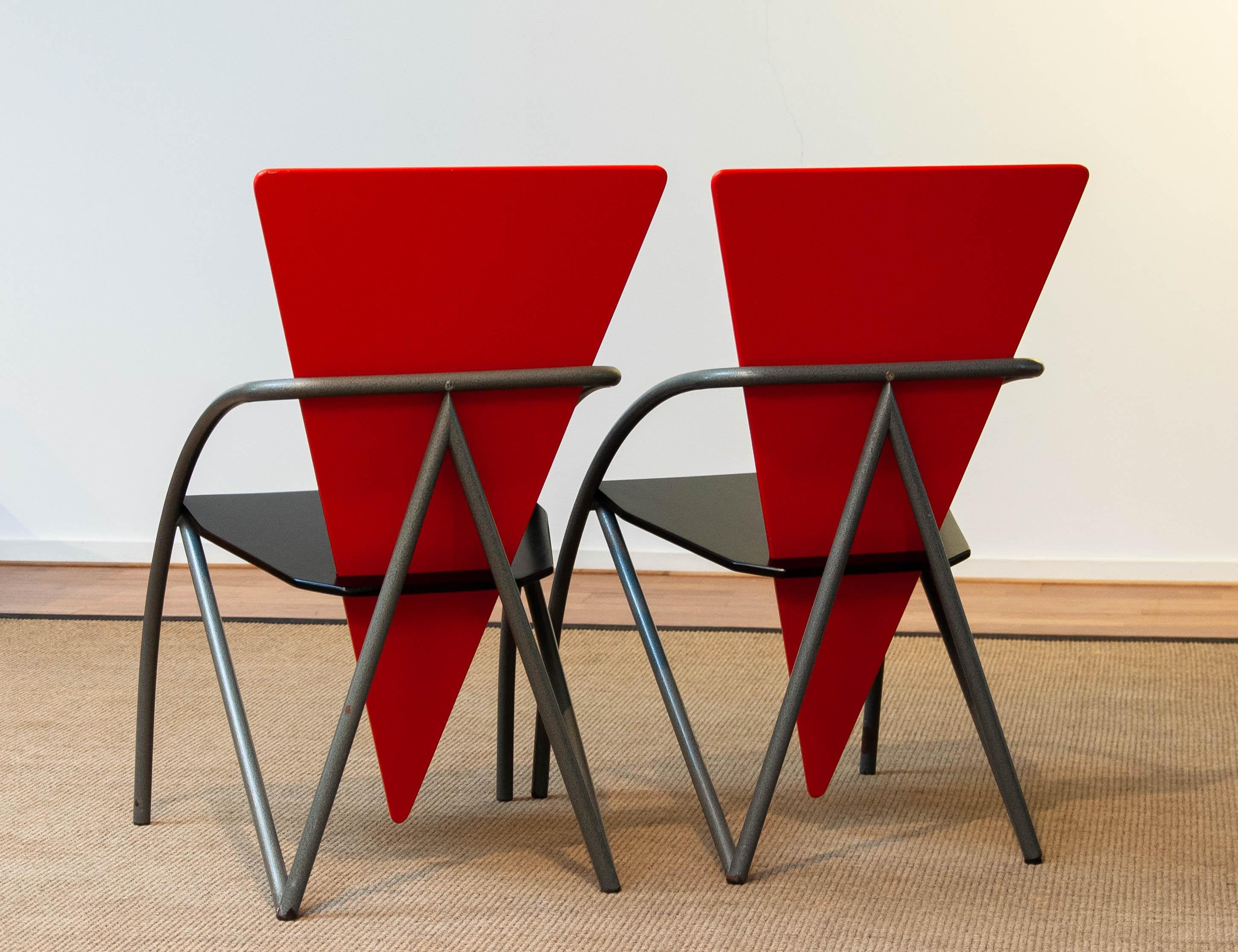 Danish 80's Pair Post-Modern Dining Office Chairs in Red and Black by Klaus Wettergren For Sale
