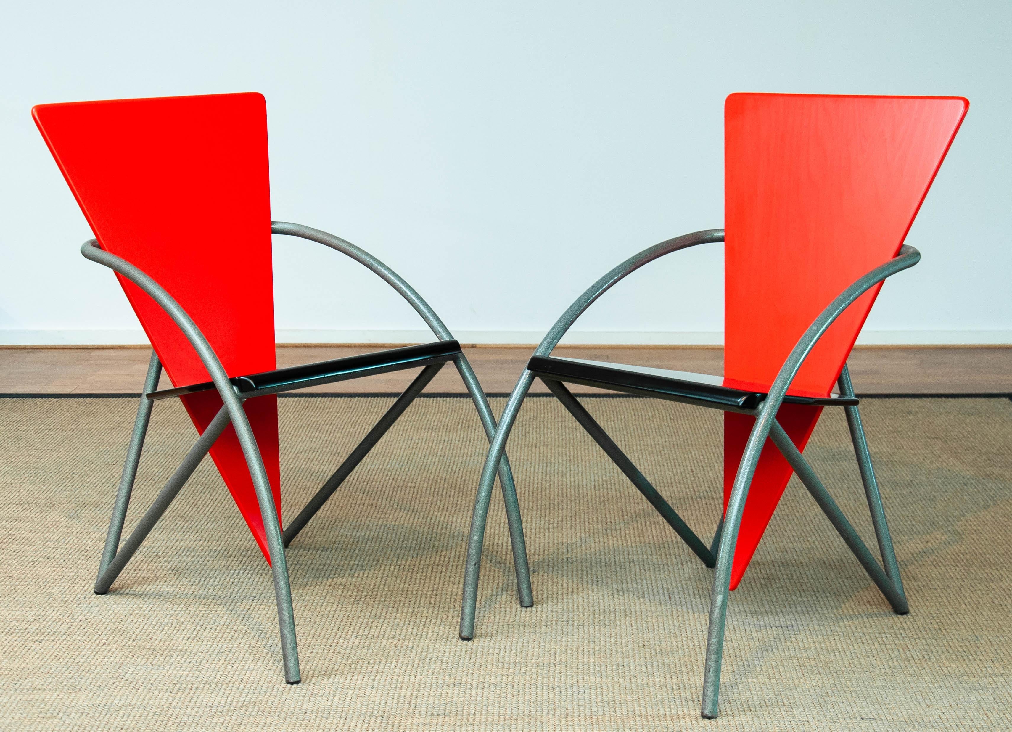 80's Pair Post-Modern Dining Office Chairs in Red and Black by Klaus Wettergren For Sale 1