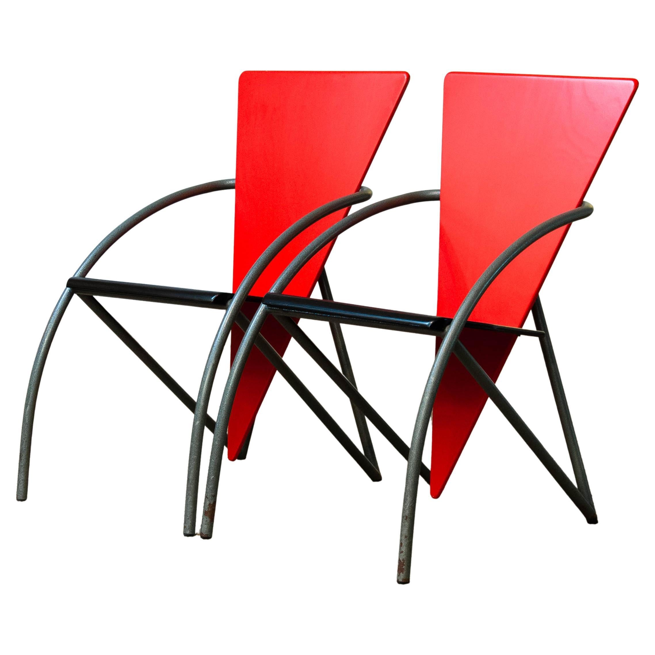 80's Pair Post-Modern Dining Office Chairs in Red and Black by Klaus Wettergren